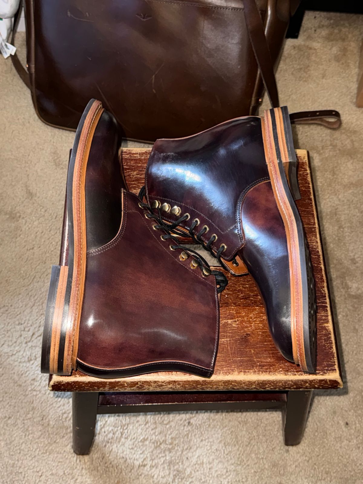 Photo by HeritageWearingPatriot on July 3, 2026 of the Grant Stone Edward Boot in Horween Marbled Color 8 Shell Cordovan.