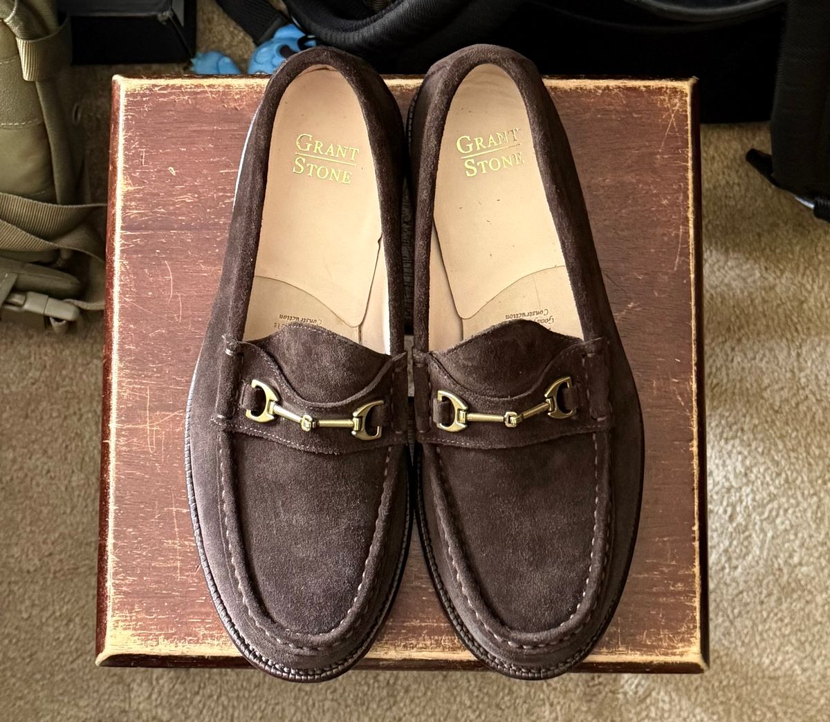 Photo by boots_4_me on August 2, 2025 of the Grant Stone Horse Bit Loafers in C.F. Stead Espresso Repello Calf Suede.