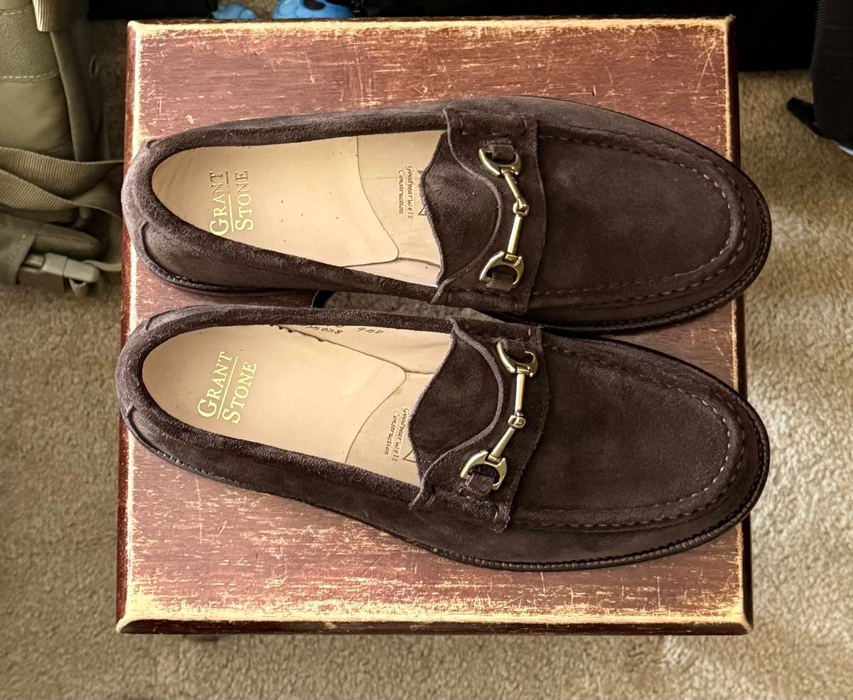 Photo by boots_4_me on August 2, 2025 of the Grant Stone Horse Bit Loafers in C.F. Stead Espresso Repello Calf Suede.