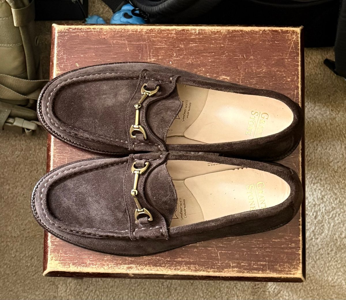 Photo by boots_4_me on August 2, 2025 of the Grant Stone Horse Bit Loafers in C.F. Stead Espresso Repello Calf Suede.