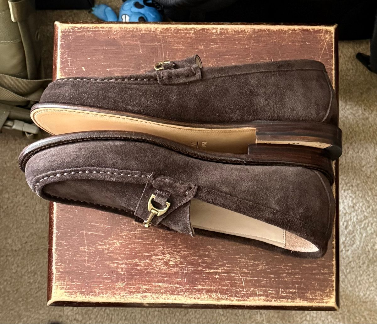 Photo by boots_4_me on August 2, 2025 of the Grant Stone Horse Bit Loafers in C.F. Stead Espresso Repello Calf Suede.