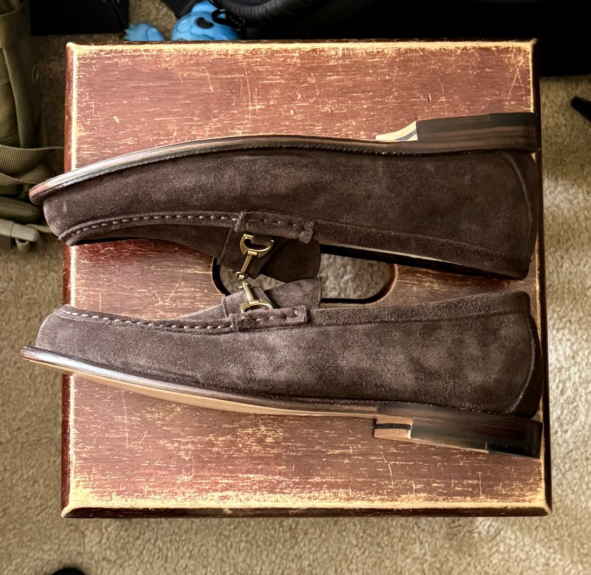 Photo by boots_4_me on August 2, 2025 of the Grant Stone Horse Bit Loafers in C.F. Stead Espresso Repello Calf Suede.