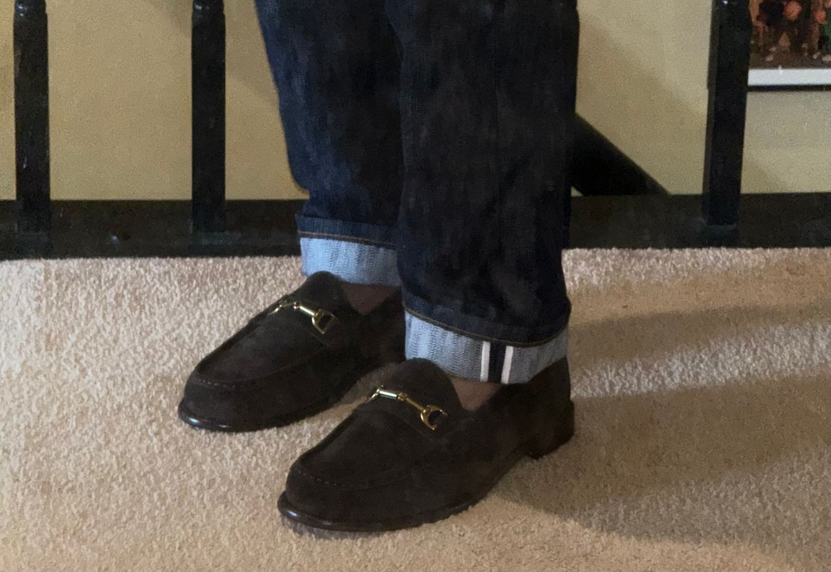Photo by boots_4_me on August 2, 2025 of the Grant Stone Horse Bit Loafers in C.F. Stead Espresso Repello Calf Suede.