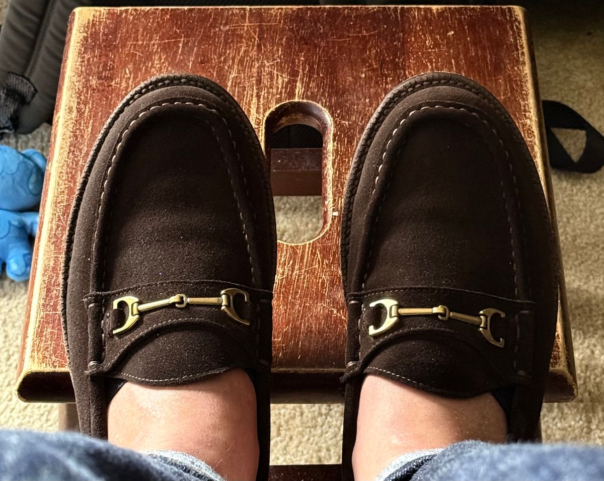 Photo by boots_4_me on August 16, 2025 of the Grant Stone Horse Bit Loafers in C.F. Stead Espresso Repello Calf Suede.