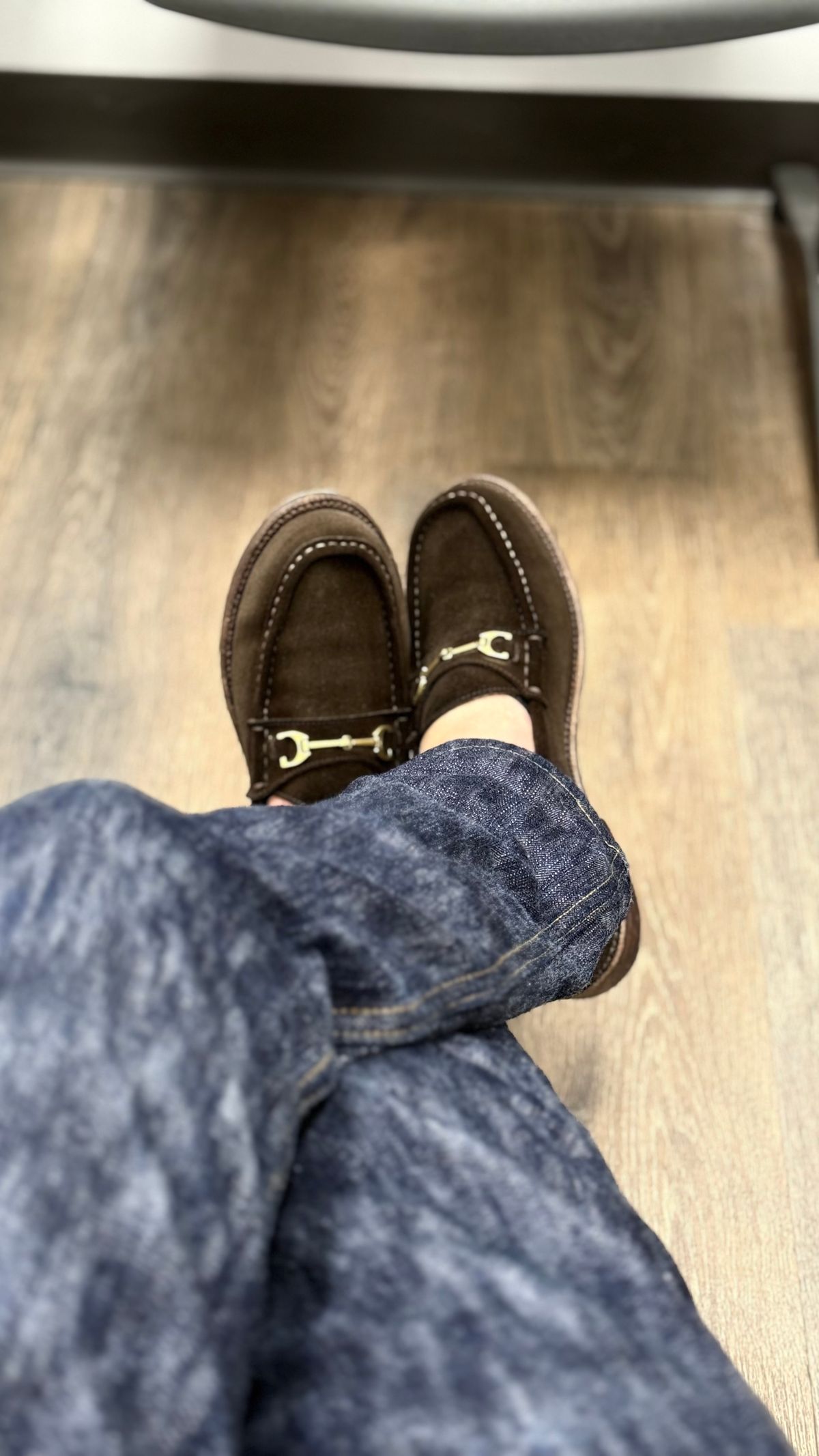Photo by boots_4_me on August 16, 2025 of the Grant Stone Horse Bit Loafers in C.F. Stead Espresso Repello Calf Suede.