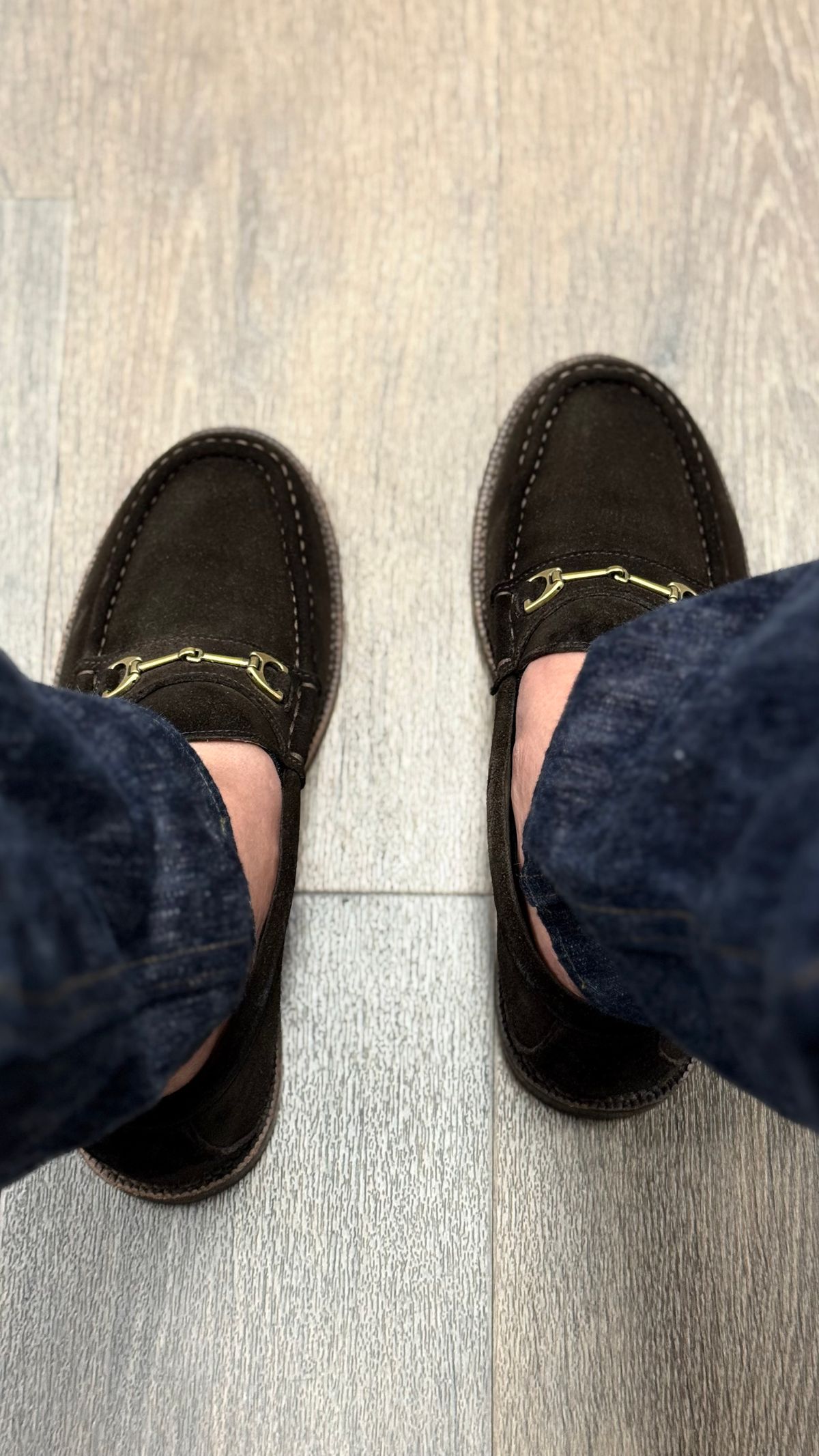 Photo by boots_4_me on August 16, 2025 of the Grant Stone Horse Bit Loafers in C.F. Stead Espresso Repello Calf Suede.