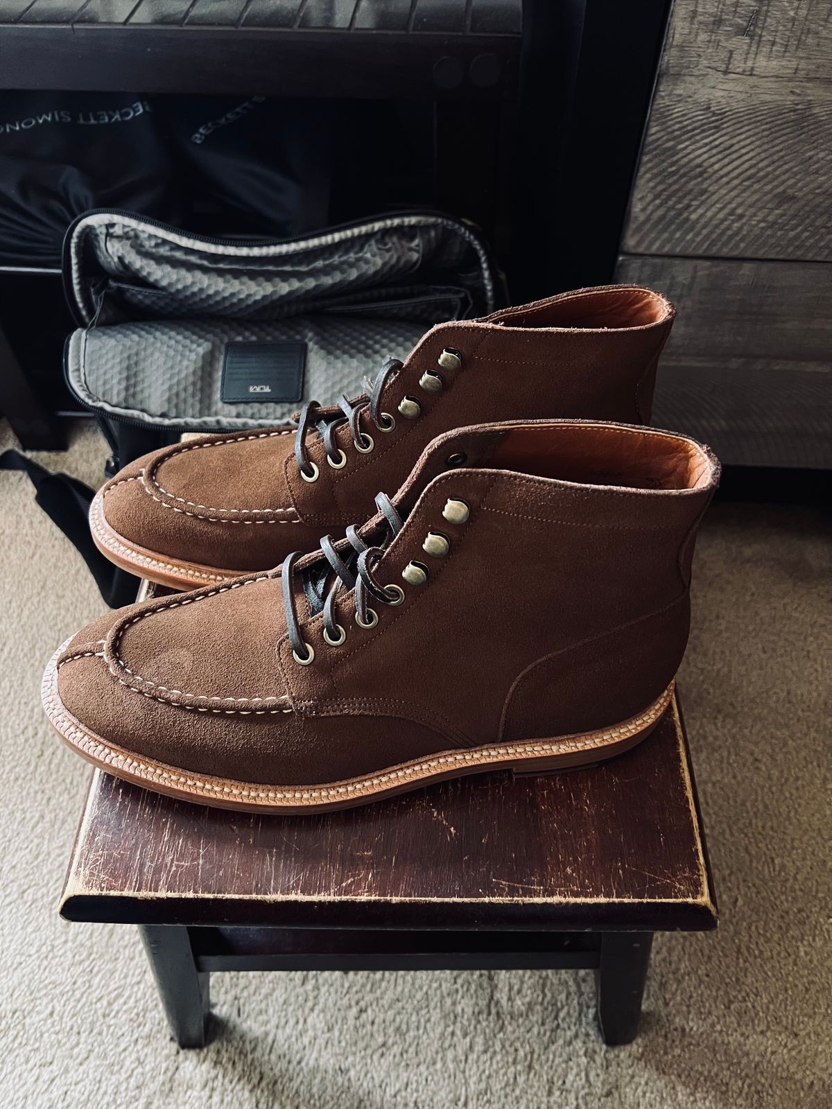 Photo by boots_4_me on February 7, 2024 of the Grant Stone Ottawa Boot in C.F. Stead Bourbon Repello Calf Suede.