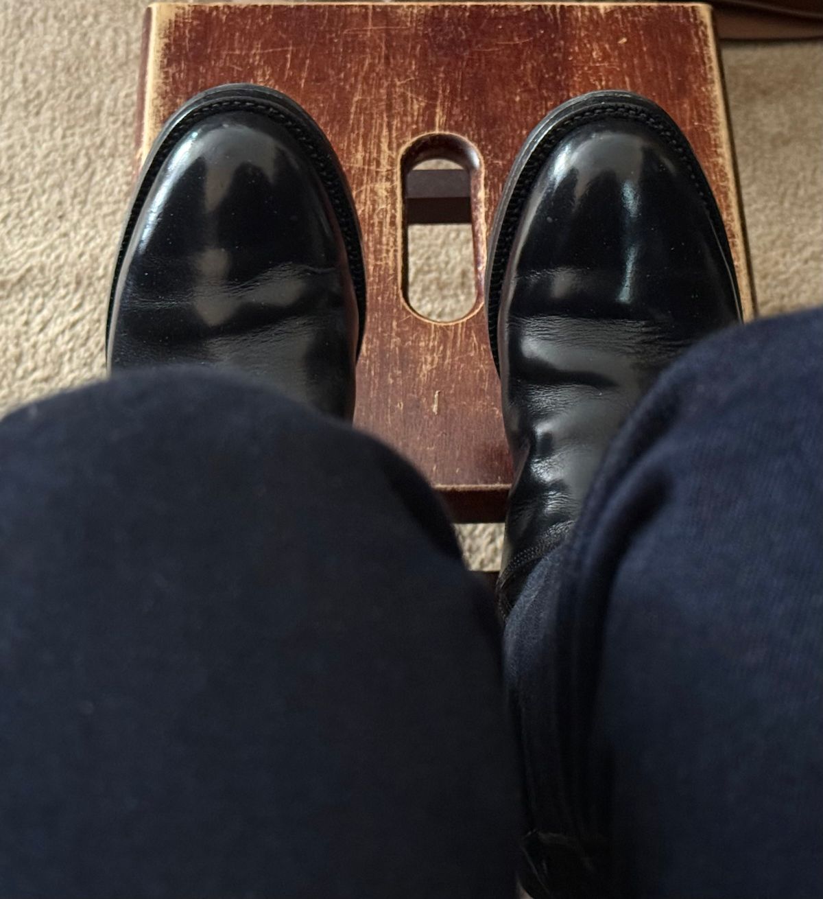 Photo by HeritageWearingPatriot on May 31, 2026 of the Grant Stone Elias in Horween Black Chromexcel.