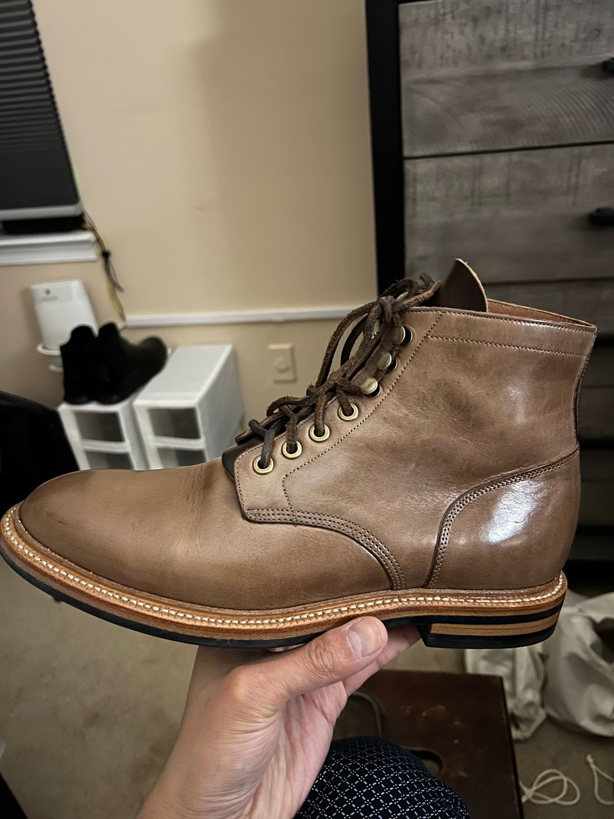 Photo by boots_4_me on May 8, 2023 of the Grant Stone Diesel Boot in Horween Dune Chromexcel.