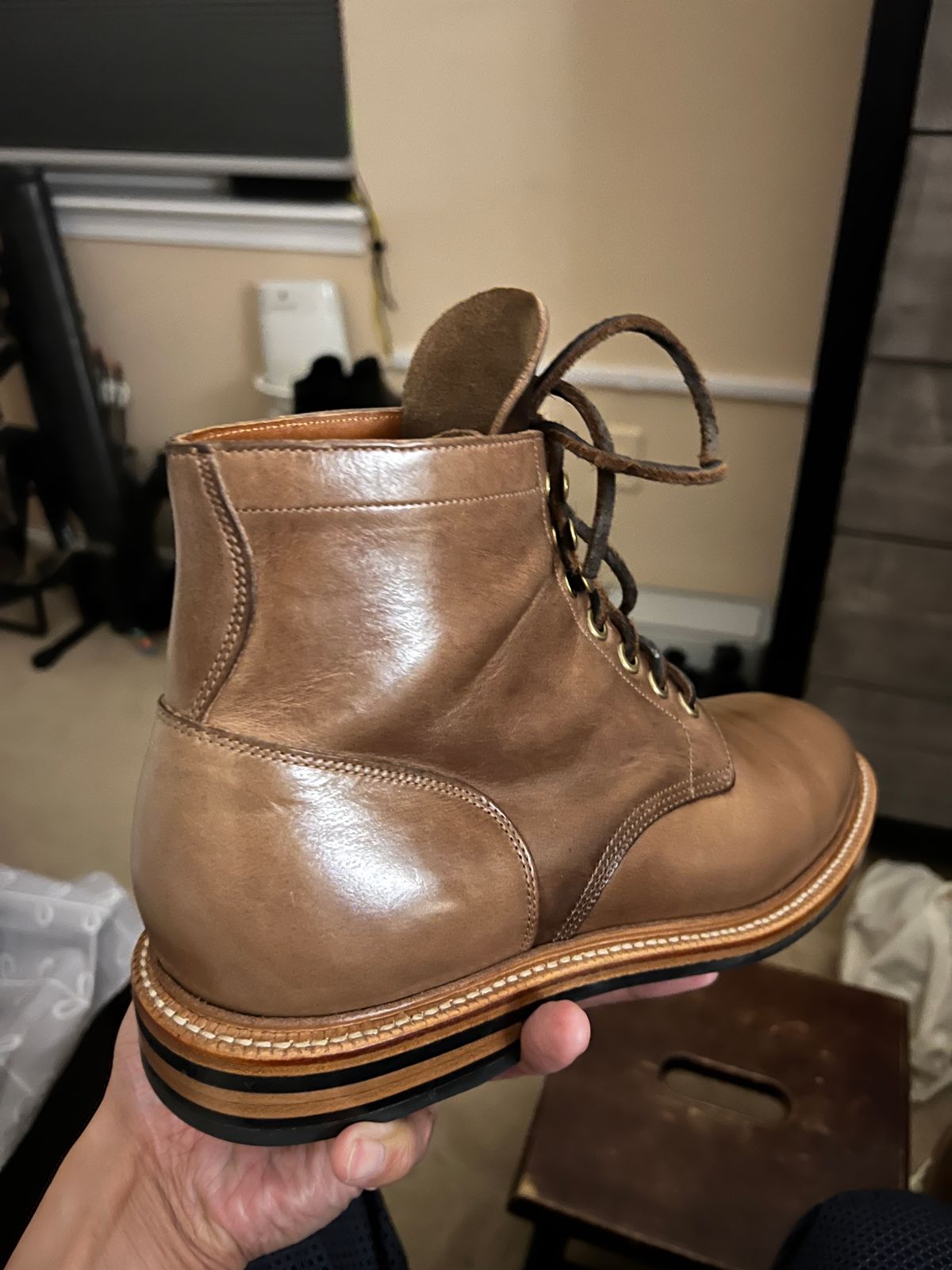 Photo by boots_4_me on May 8, 2023 of the Grant Stone Diesel Boot in Horween Dune Chromexcel.