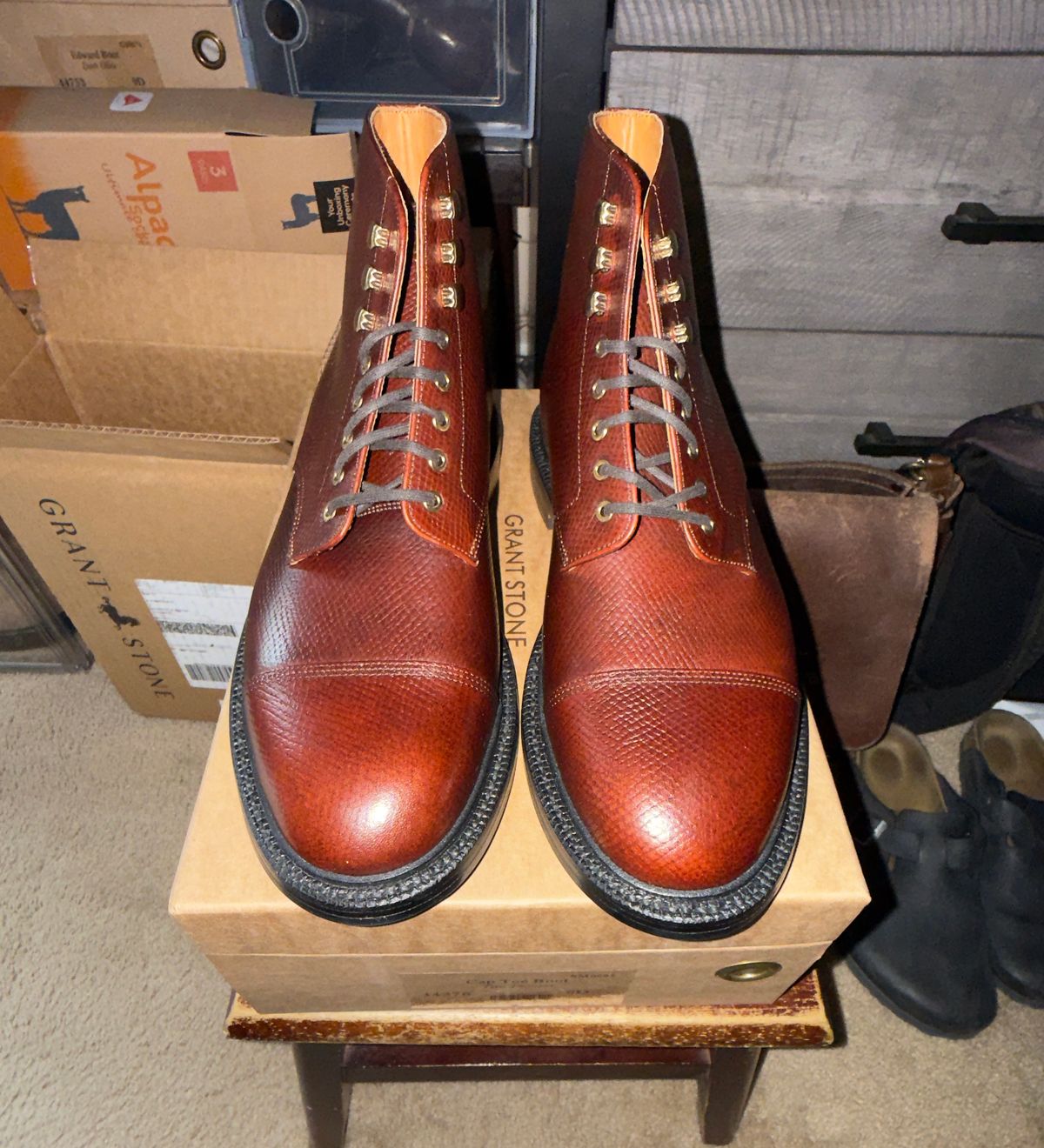 Photo by HeritageWearingPatriot on April 26, 2026 of the Grant Stone Cap Toe Boot in Horween Tan Pioneer Reindeer.