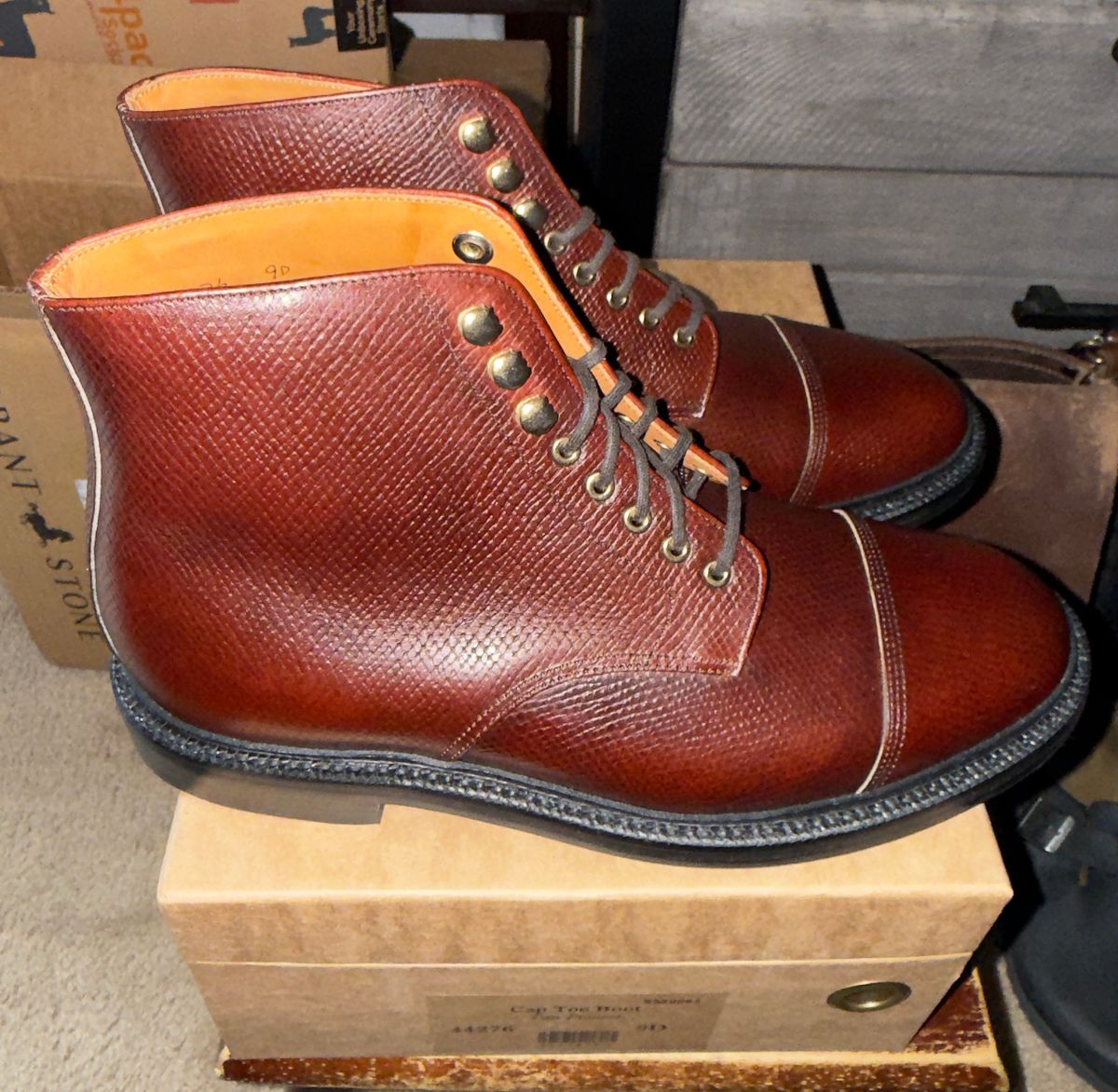 Photo by HeritageWearingPatriot on April 26, 2026 of the Grant Stone Cap Toe Boot in Horween Tan Pioneer Reindeer.
