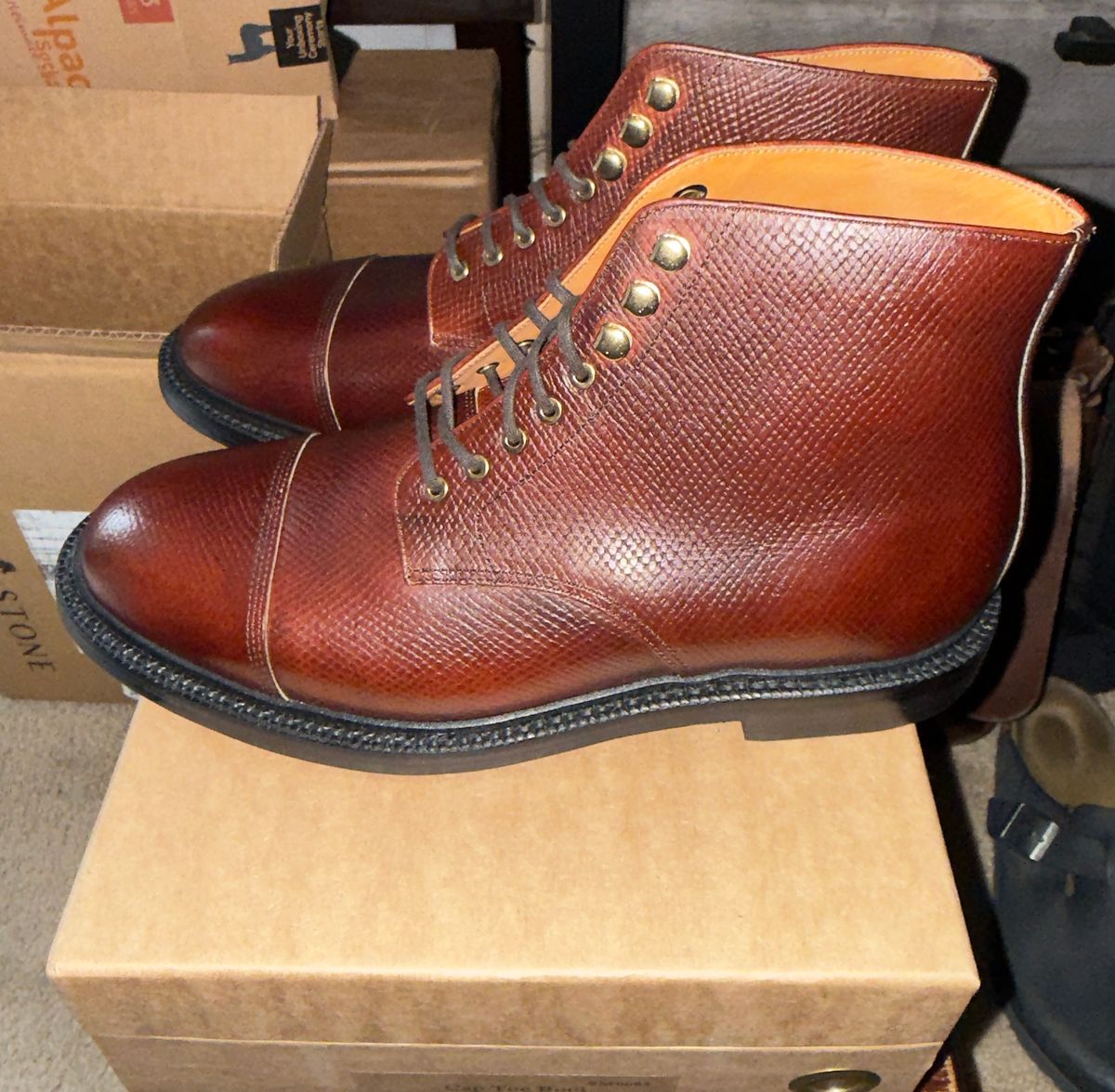 Photo by HeritageWearingPatriot on April 26, 2026 of the Grant Stone Cap Toe Boot in Horween Tan Pioneer Reindeer.
