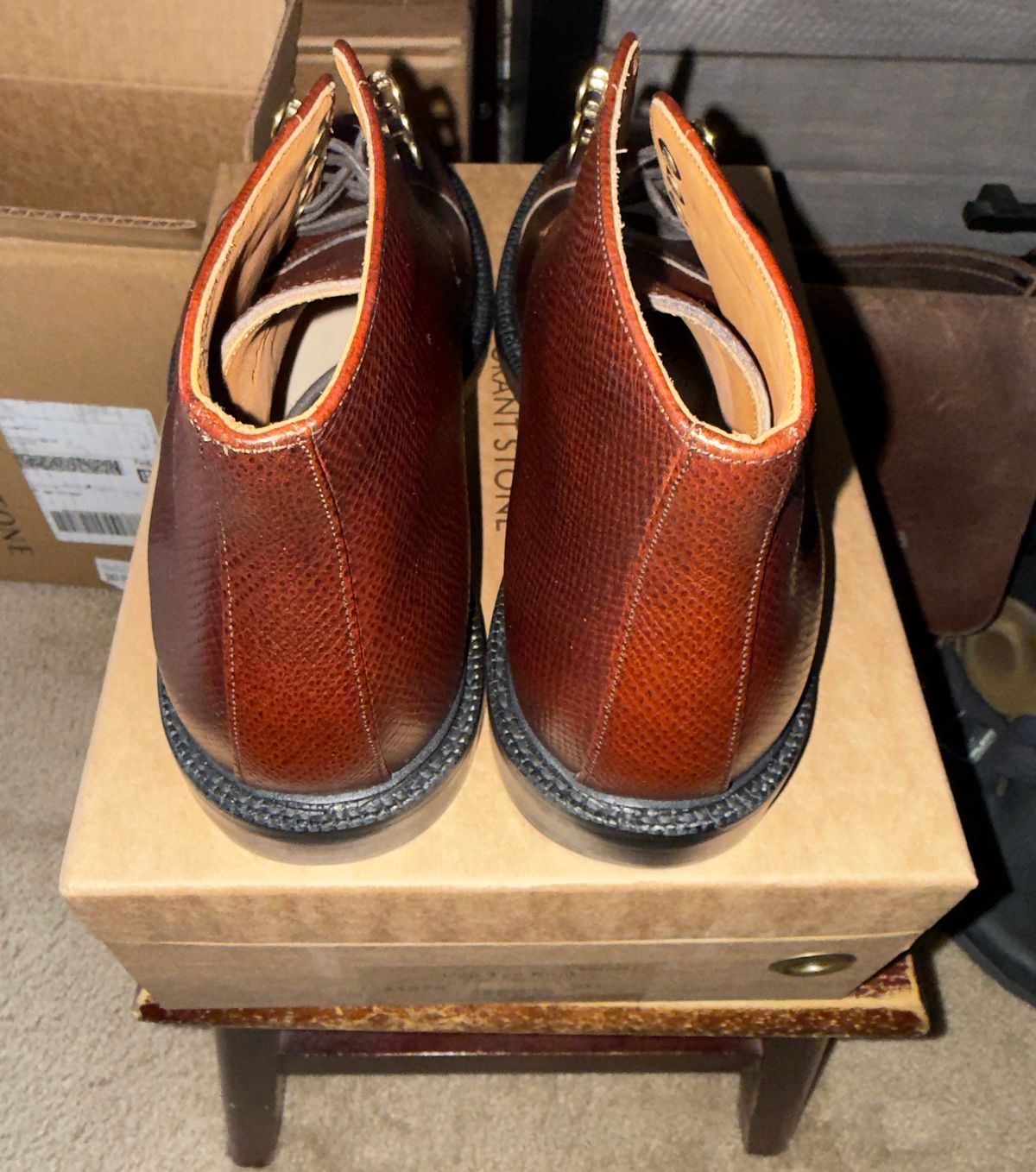 Photo by HeritageWearingPatriot on April 26, 2026 of the Grant Stone Cap Toe Boot in Horween Tan Pioneer Reindeer.