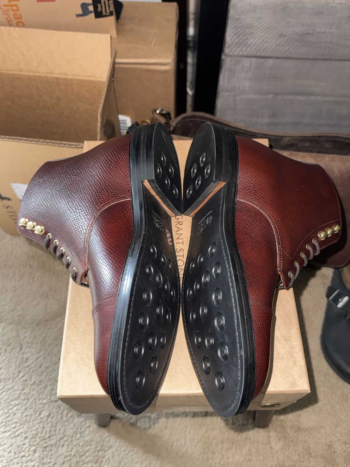 Photo by HeritageWearingPatriot on April 26, 2026 of the Grant Stone Cap Toe Boot in Horween Tan Pioneer Reindeer.