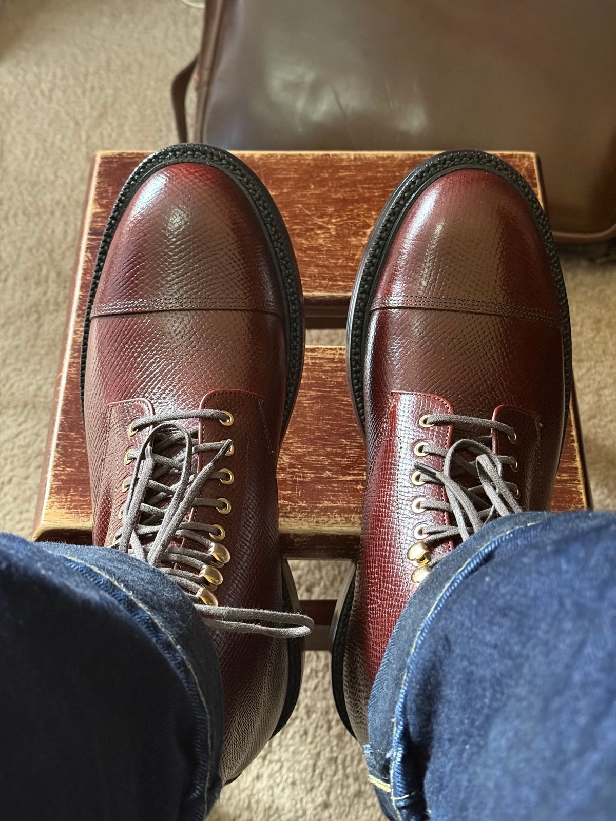 Photo by HeritageWearingPatriot on June 6, 2026 of the Grant Stone Cap Toe Boot in Horween Tan Pioneer Reindeer.