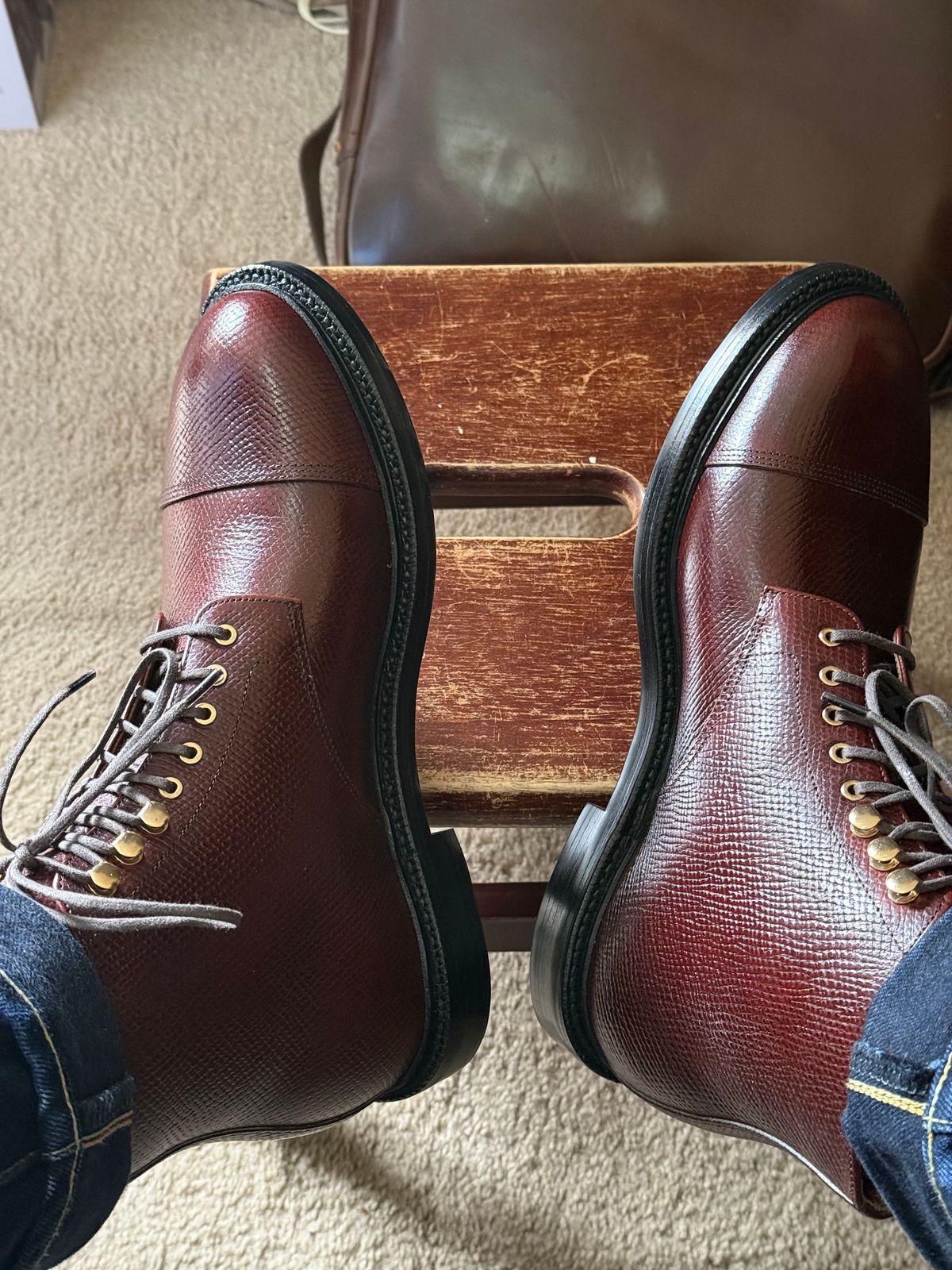Photo by HeritageWearingPatriot on June 6, 2026 of the Grant Stone Cap Toe Boot in Horween Tan Pioneer Reindeer.