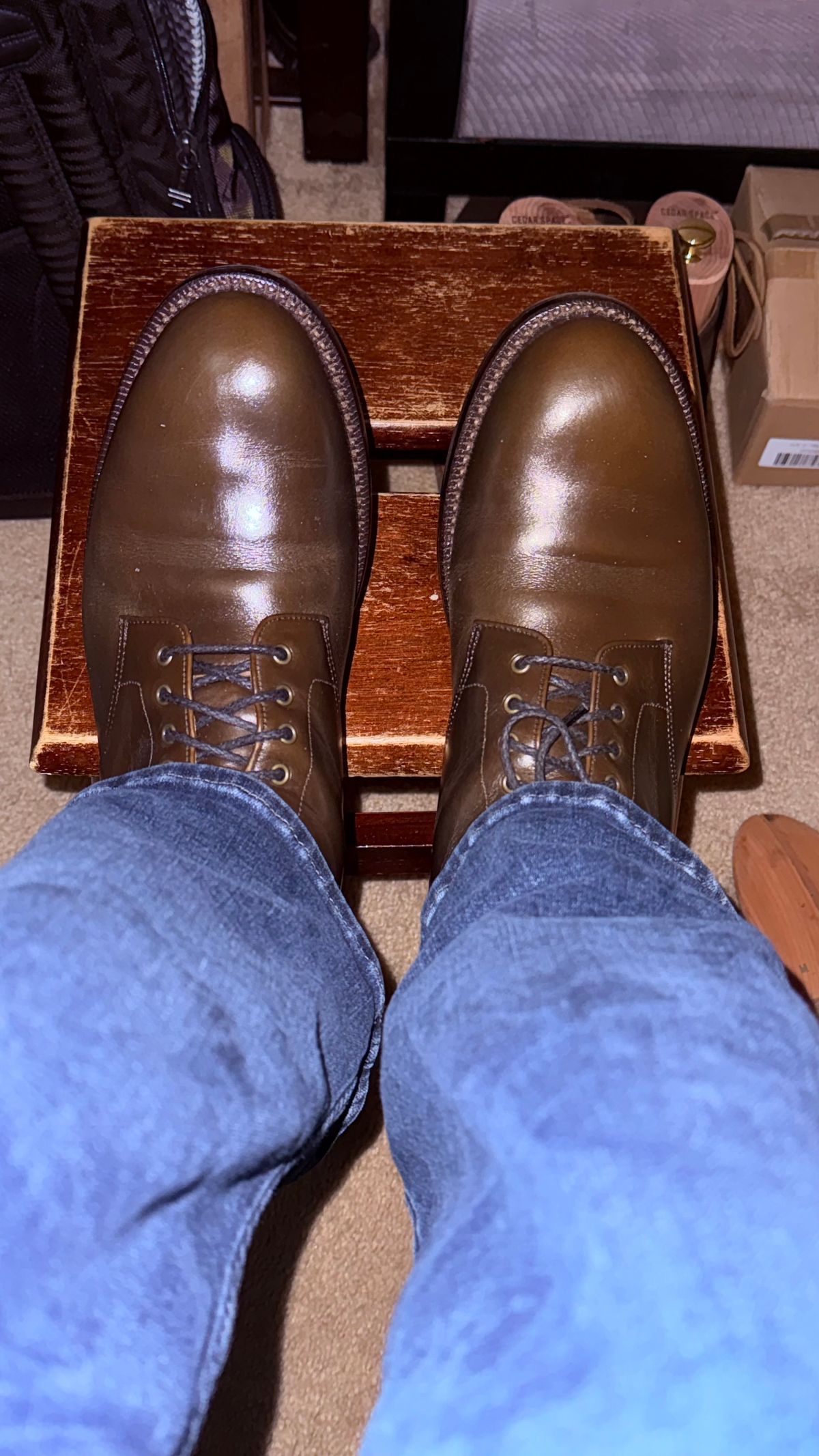 Photo by boots_4_me on October 11, 2024 of the Grant Stone Edward Boot in Horween Dark Olive Chromexcel.