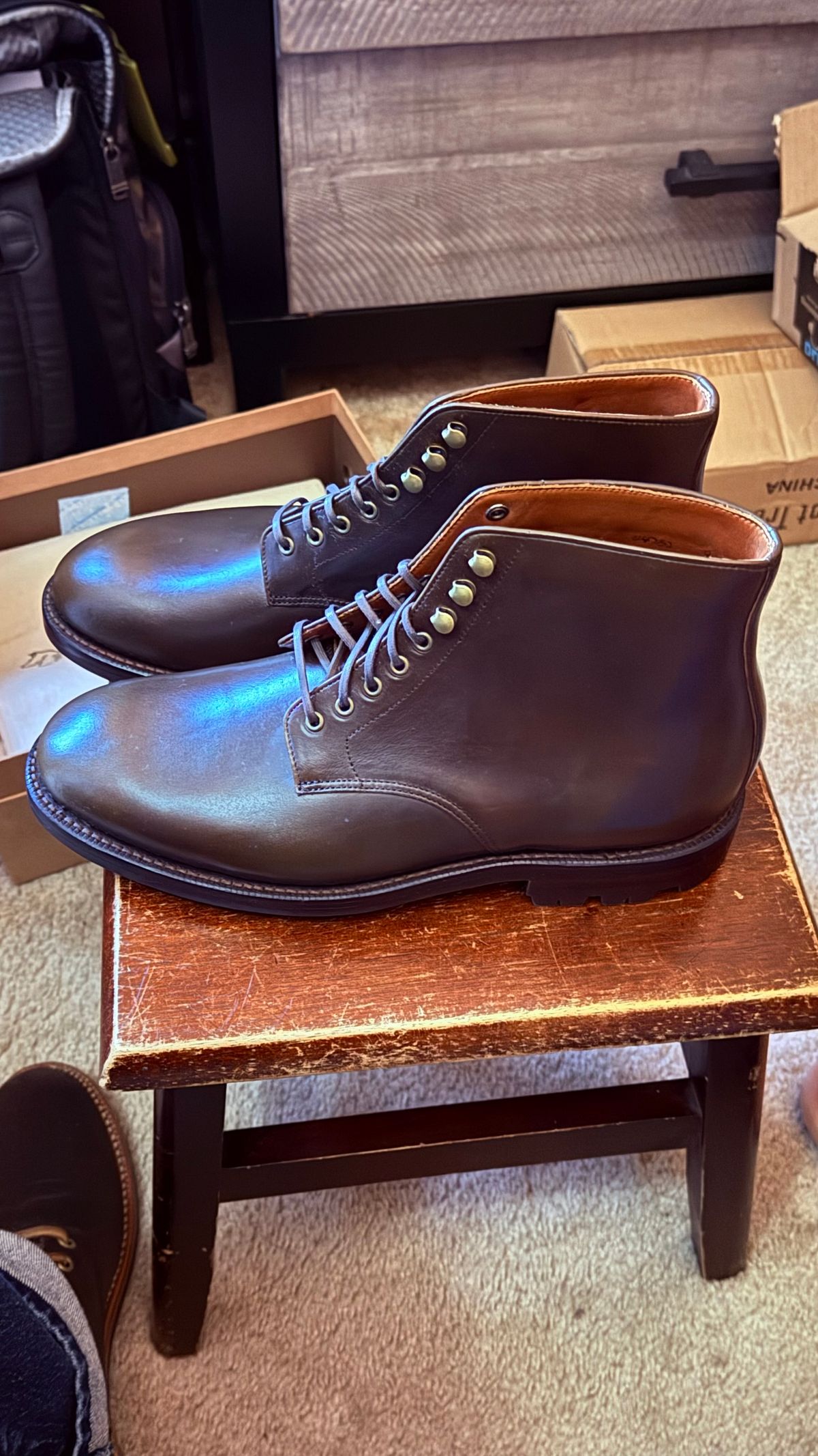 Photo by boots_4_me on October 2, 2024 of the Grant Stone Edward Boot in Horween Dark Olive Chromexcel.