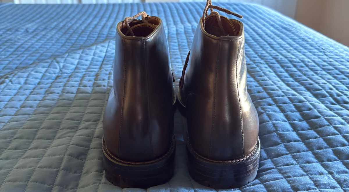 Photo by boots_4_me on October 18, 2024 of the Grant Stone Edward Boot in Horween Dark Olive Chromexcel.