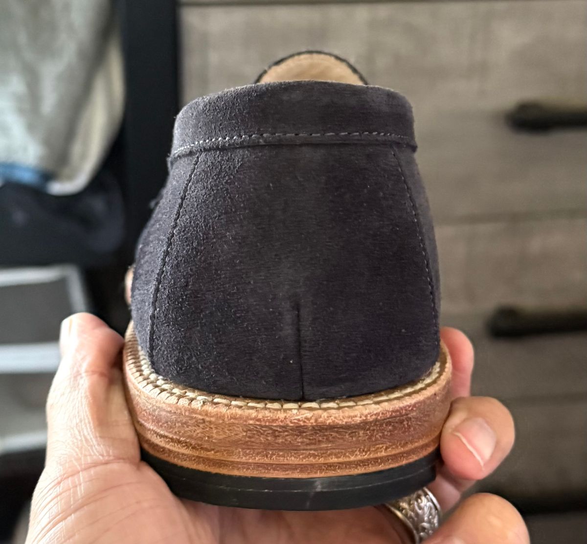 Photo by boots_4_me on June 11, 2025 of the Grant Stone Traveler Loafer in C.F. Stead Navy Janus Calf Suede.