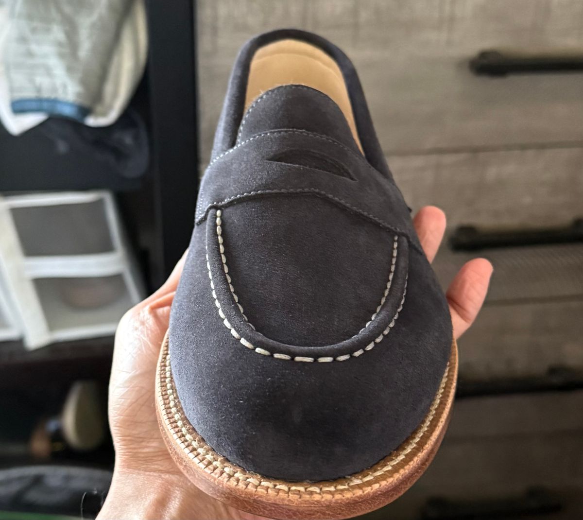 Photo by boots_4_me on June 11, 2025 of the Grant Stone Traveler Loafer in C.F. Stead Navy Janus Calf Suede.
