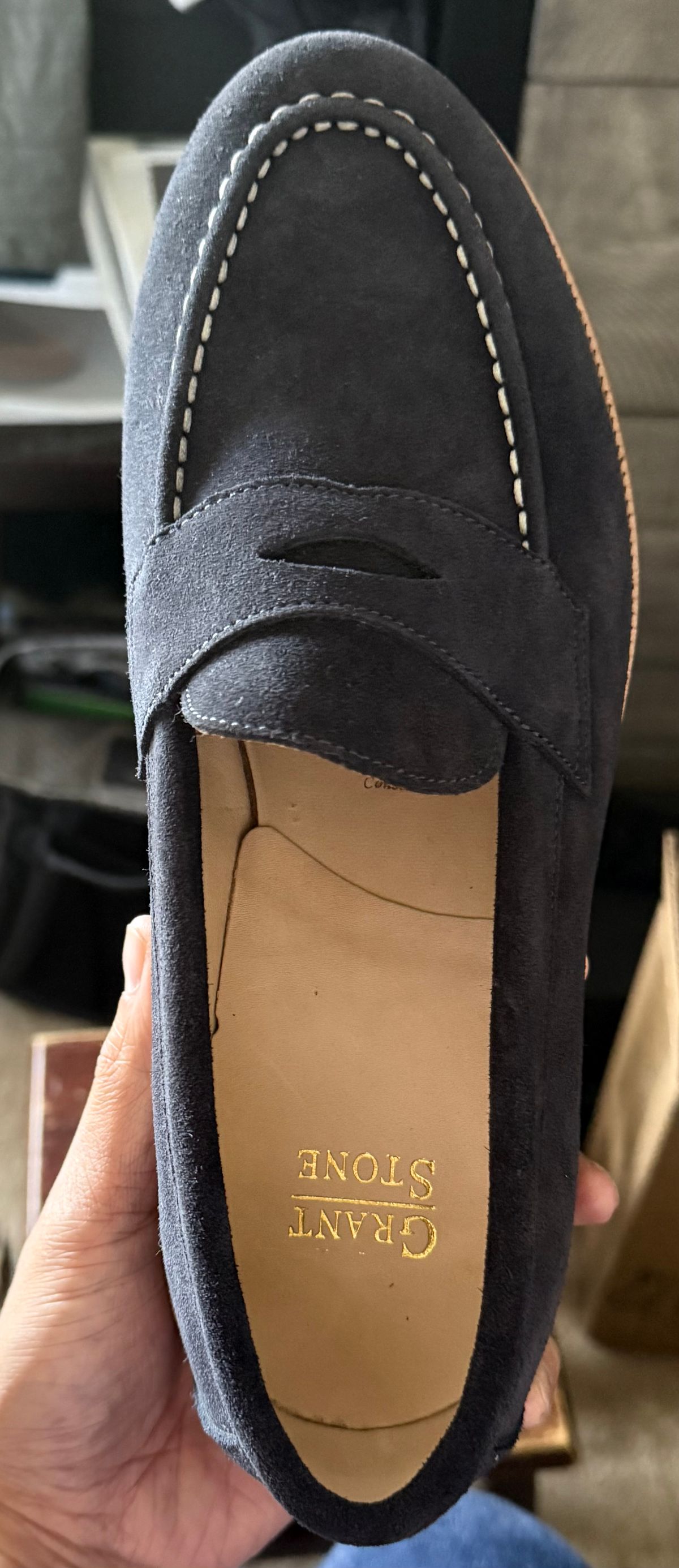 Photo by boots_4_me on June 11, 2025 of the Grant Stone Traveler Loafer in C.F. Stead Navy Janus Calf Suede.