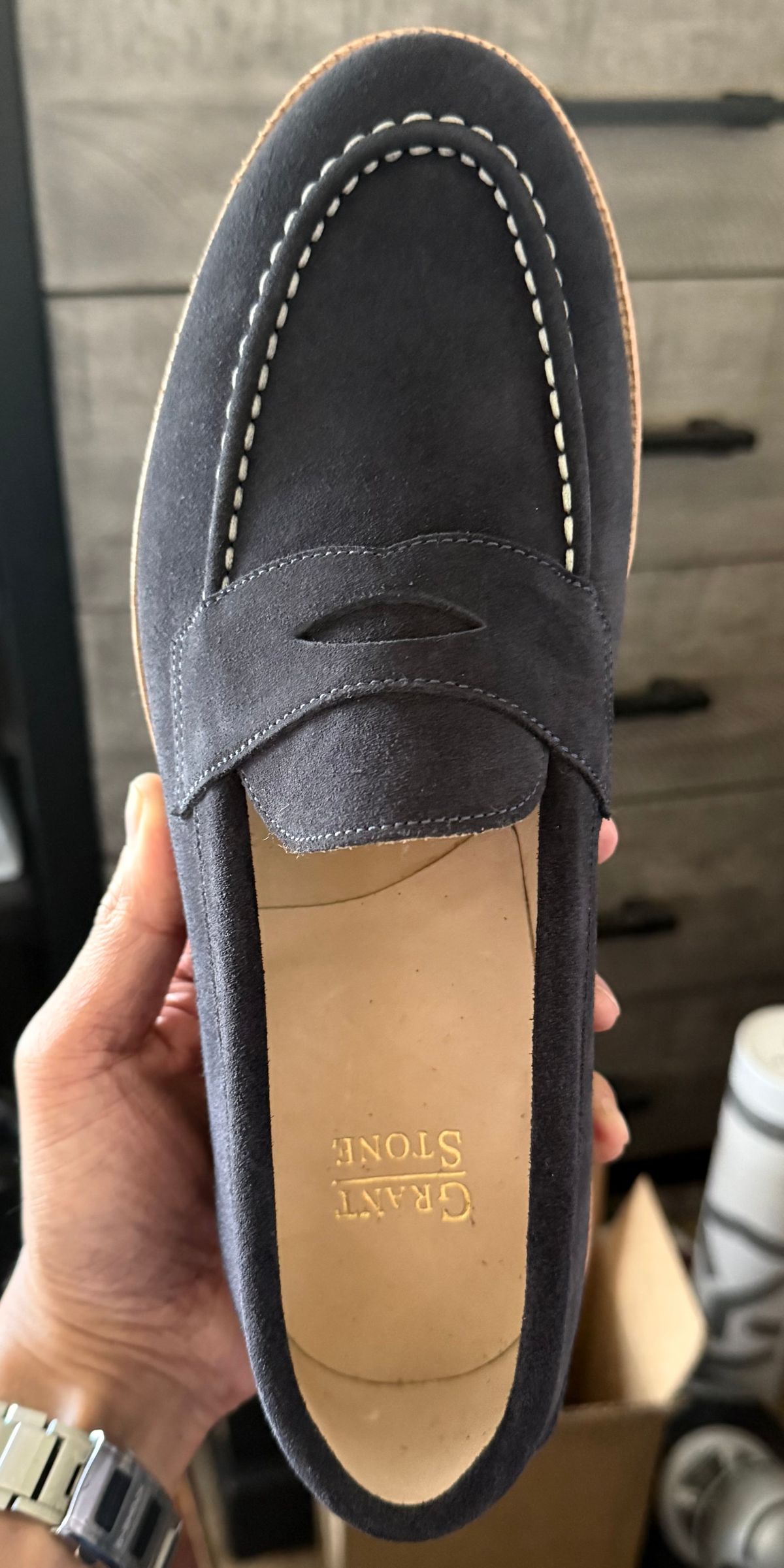 Photo by boots_4_me on June 11, 2025 of the Grant Stone Traveler Loafer in C.F. Stead Navy Janus Calf Suede.