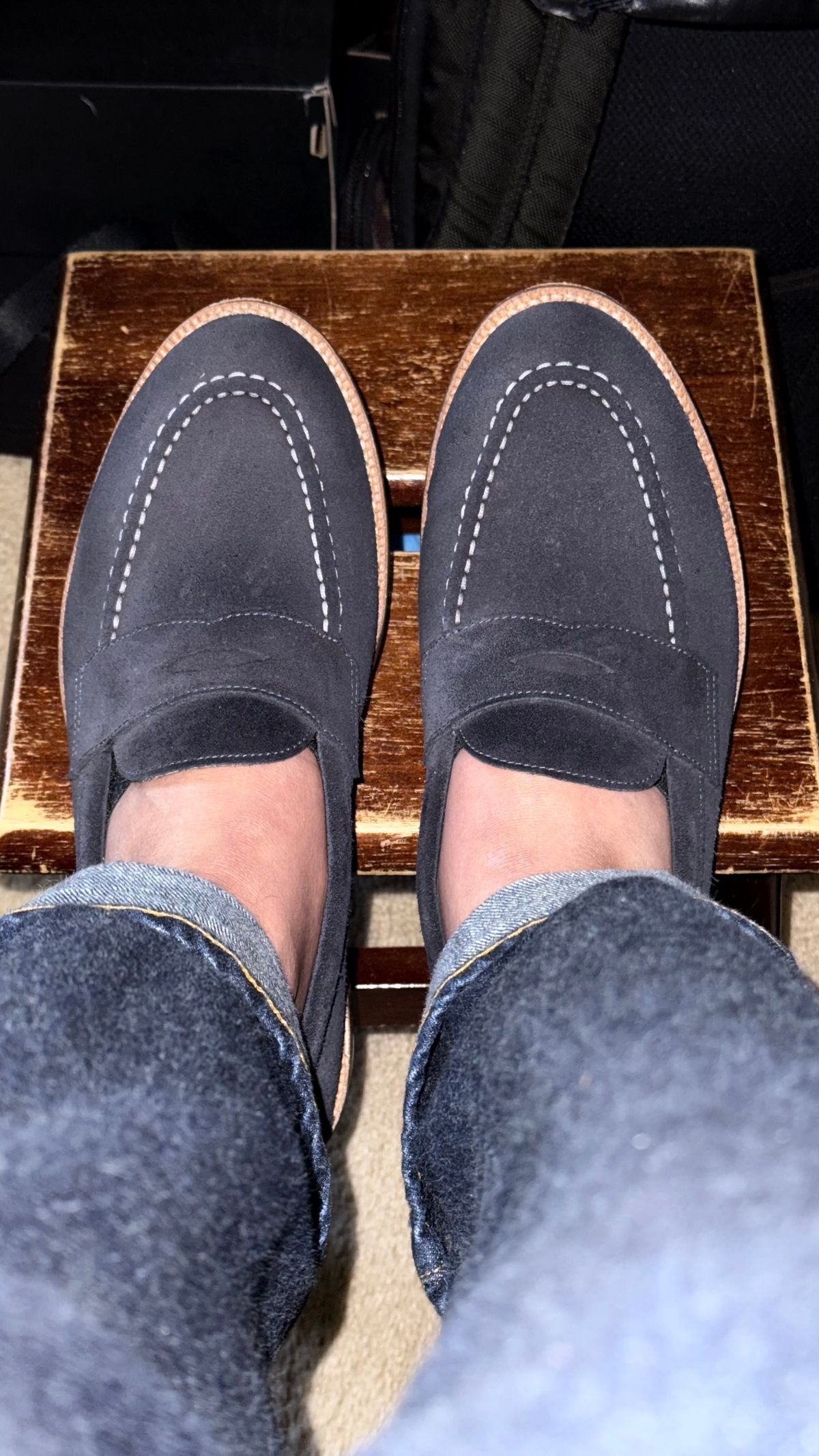 Photo by boots_4_me on July 6, 2025 of the Grant Stone Traveler Loafer in C.F. Stead Navy Janus Calf Suede.