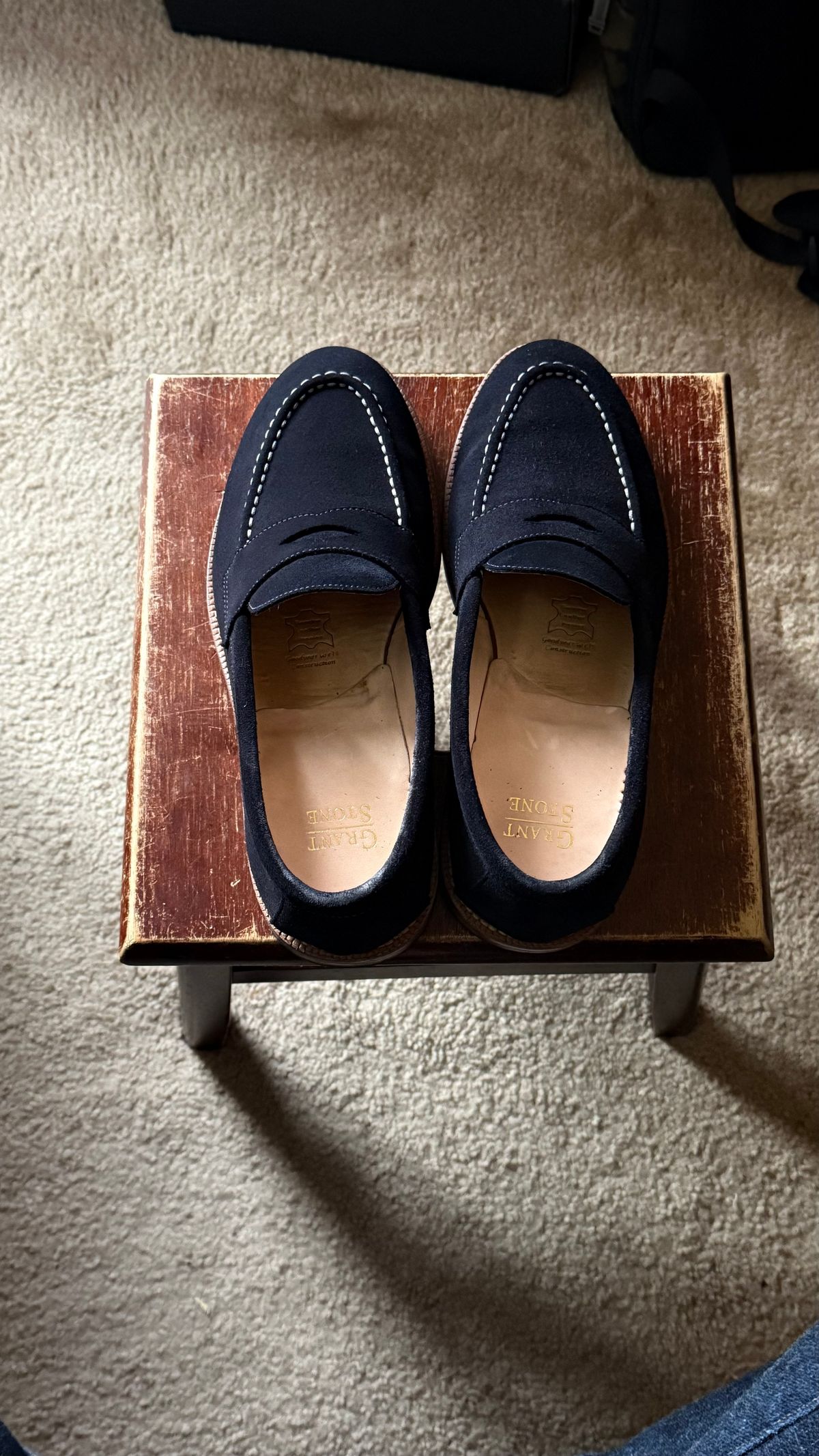 Photo by boots_4_me on July 8, 2025 of the Grant Stone Traveler Loafer in C.F. Stead Navy Janus Calf Suede.