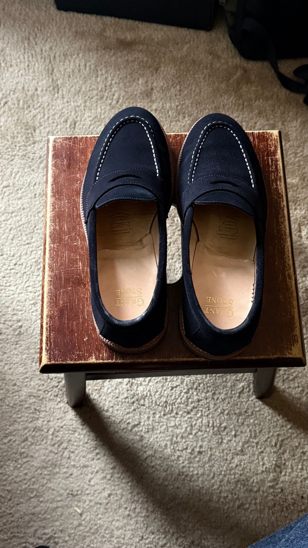 Photo by boots_4_me on July 8, 2025 of the Grant Stone Traveler Loafer in C.F. Stead Navy Janus Calf Suede.