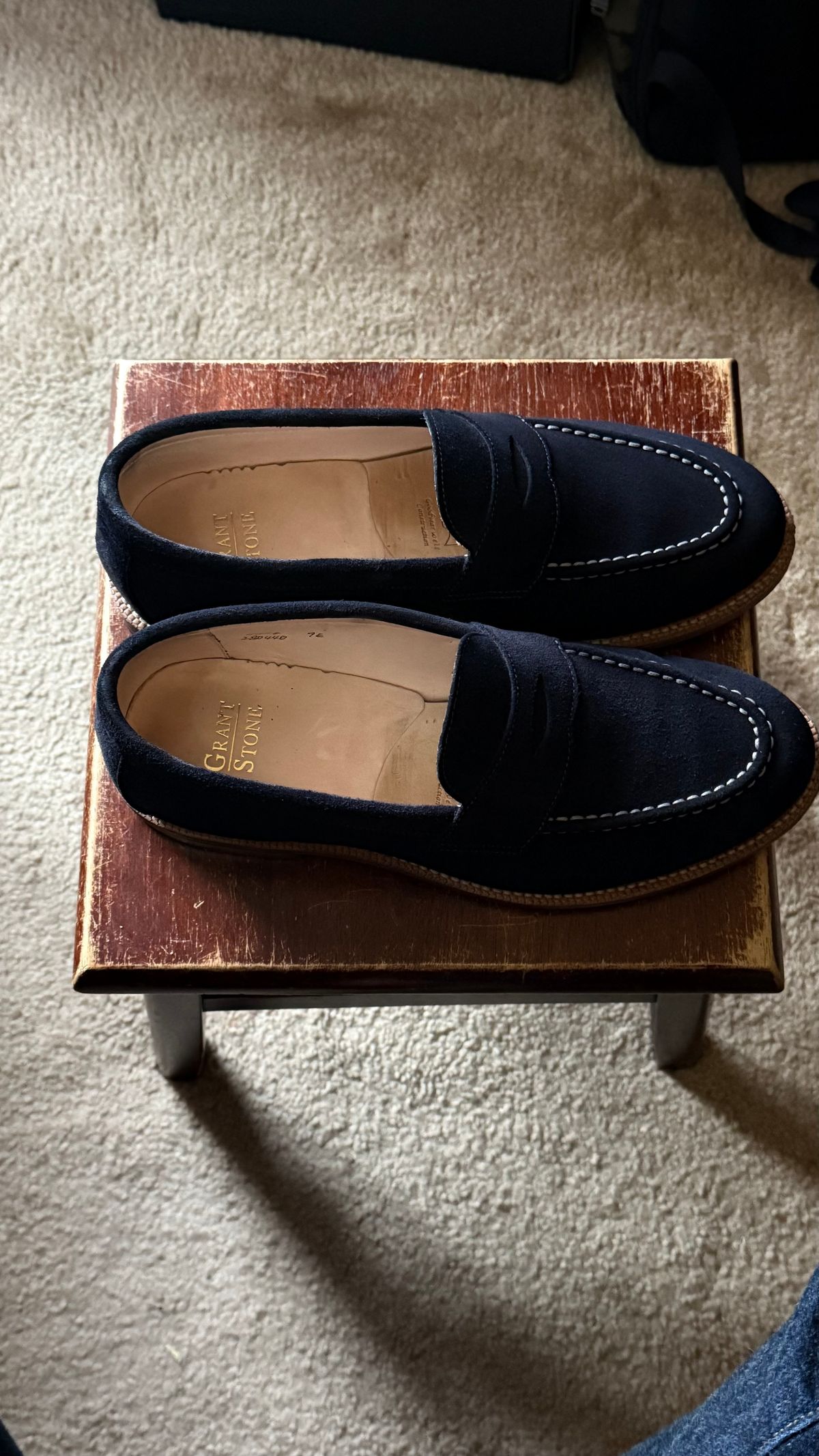 Photo by boots_4_me on July 8, 2025 of the Grant Stone Traveler Loafer in C.F. Stead Navy Janus Calf Suede.