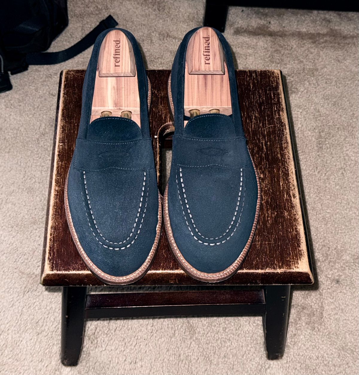 Photo by boots_4_me on September 24, 2025 of the Grant Stone Traveler Loafer in C.F. Stead Navy Janus Calf Suede.
