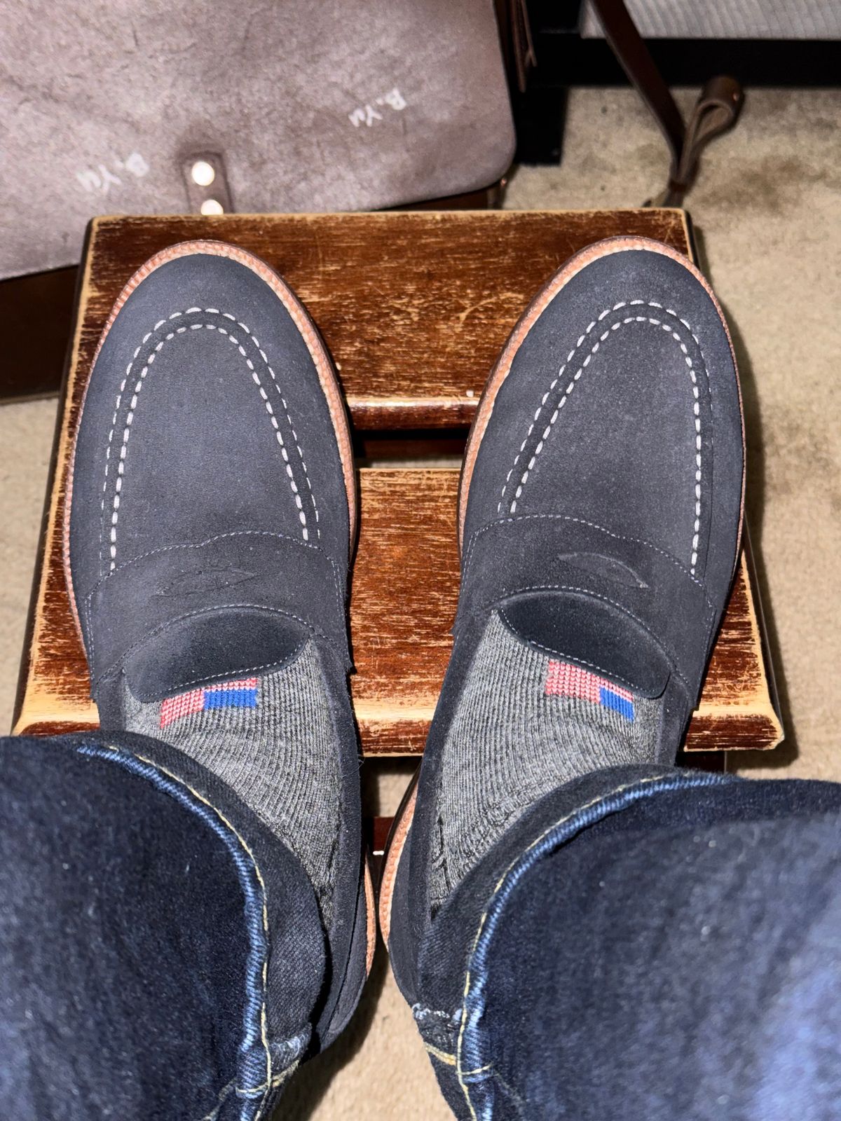 Photo by HeritageWearingPatriot on June 8, 2026 of the Grant Stone Traveler Loafer in C.F. Stead Navy Janus Calf Suede.