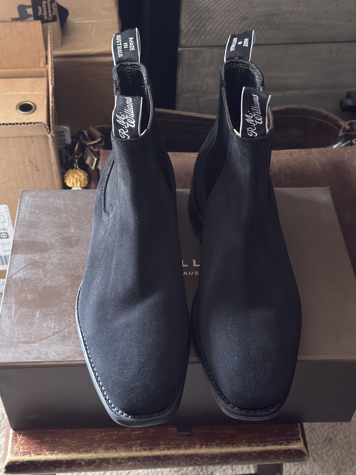 Photo by HeritageWearingPatriot on May 6, 2026 of the R.M. Williams Comfort Craftsman Boot in C.F. Stead Black Repello Calf Suede.