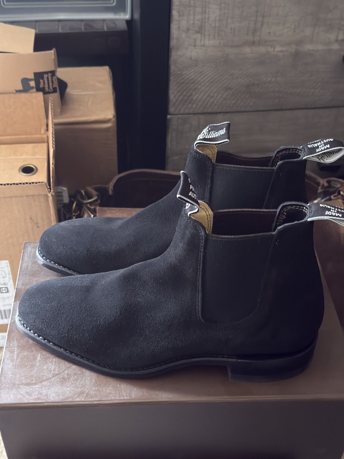 Photo by HeritageWearingPatriot on May 6, 2026 of the R.M. Williams Comfort Craftsman Boot in C.F. Stead Black Repello Calf Suede.
