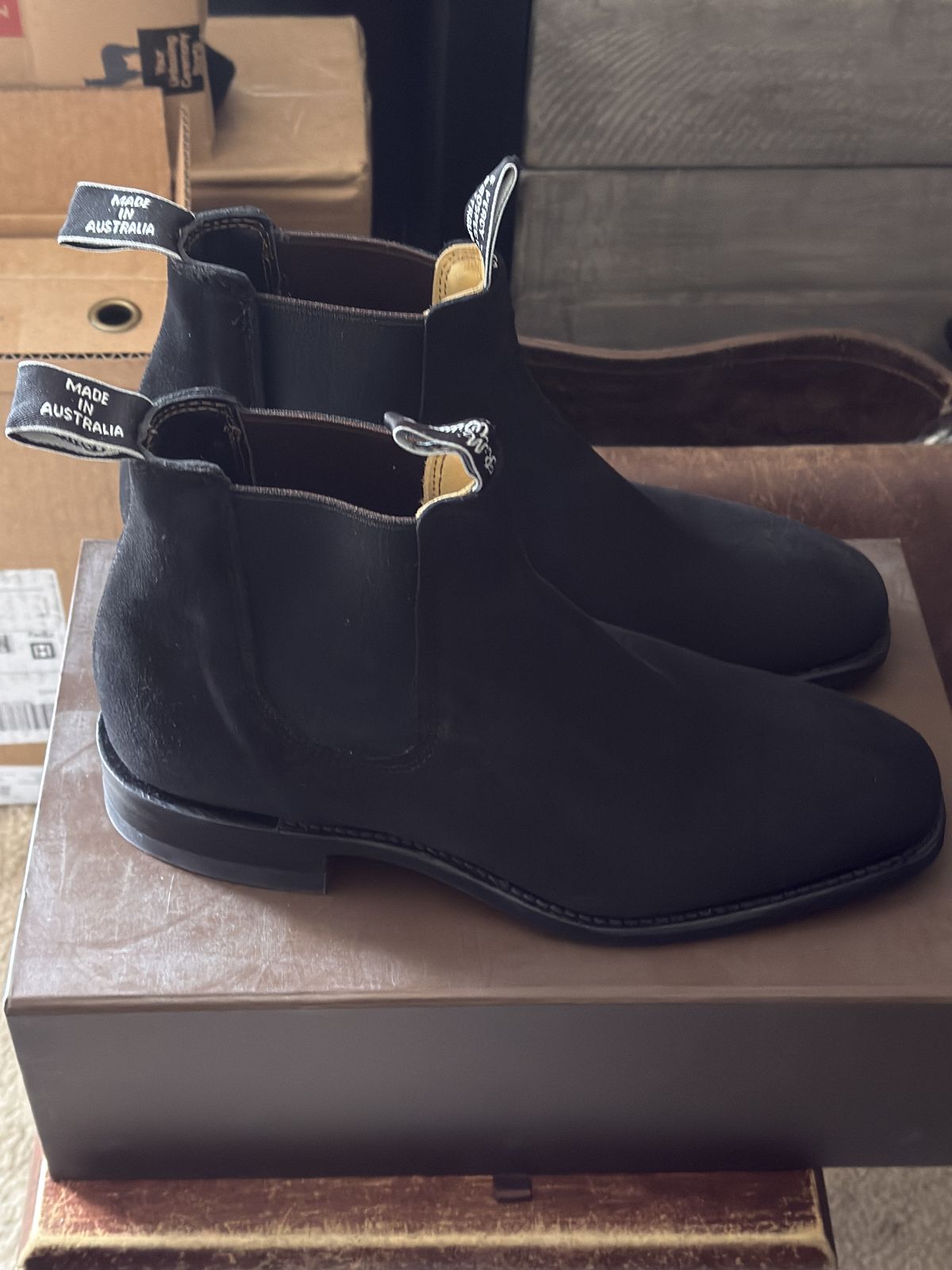 Photo by HeritageWearingPatriot on May 6, 2026 of the R.M. Williams Comfort Craftsman Boot in C.F. Stead Black Repello Calf Suede.
