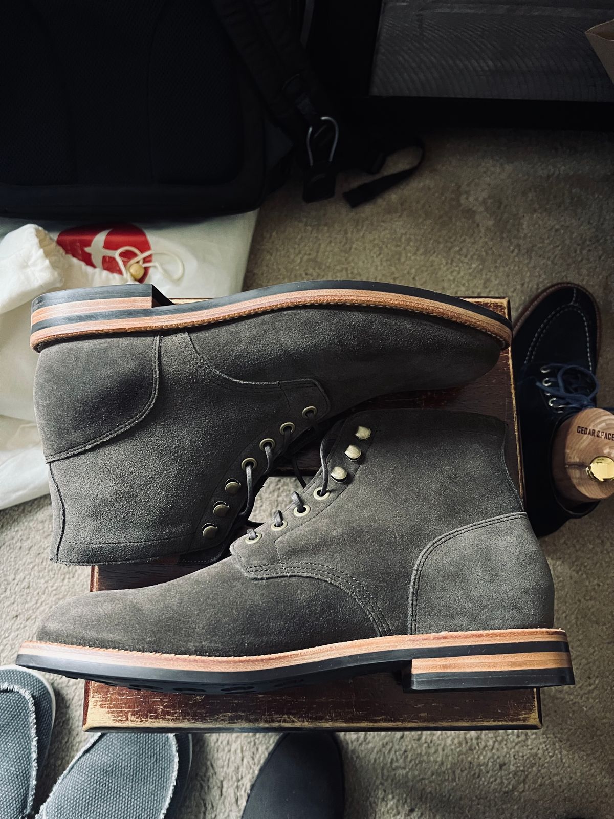 Photo by boots_4_me on September 6, 2024 of the Grant Stone Diesel Boot in C.F. Stead Loden Janus Calf Suede.