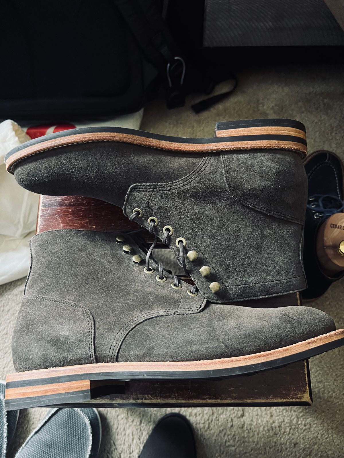 Photo by boots_4_me on September 6, 2024 of the Grant Stone Diesel Boot in C.F. Stead Loden Janus Calf Suede.