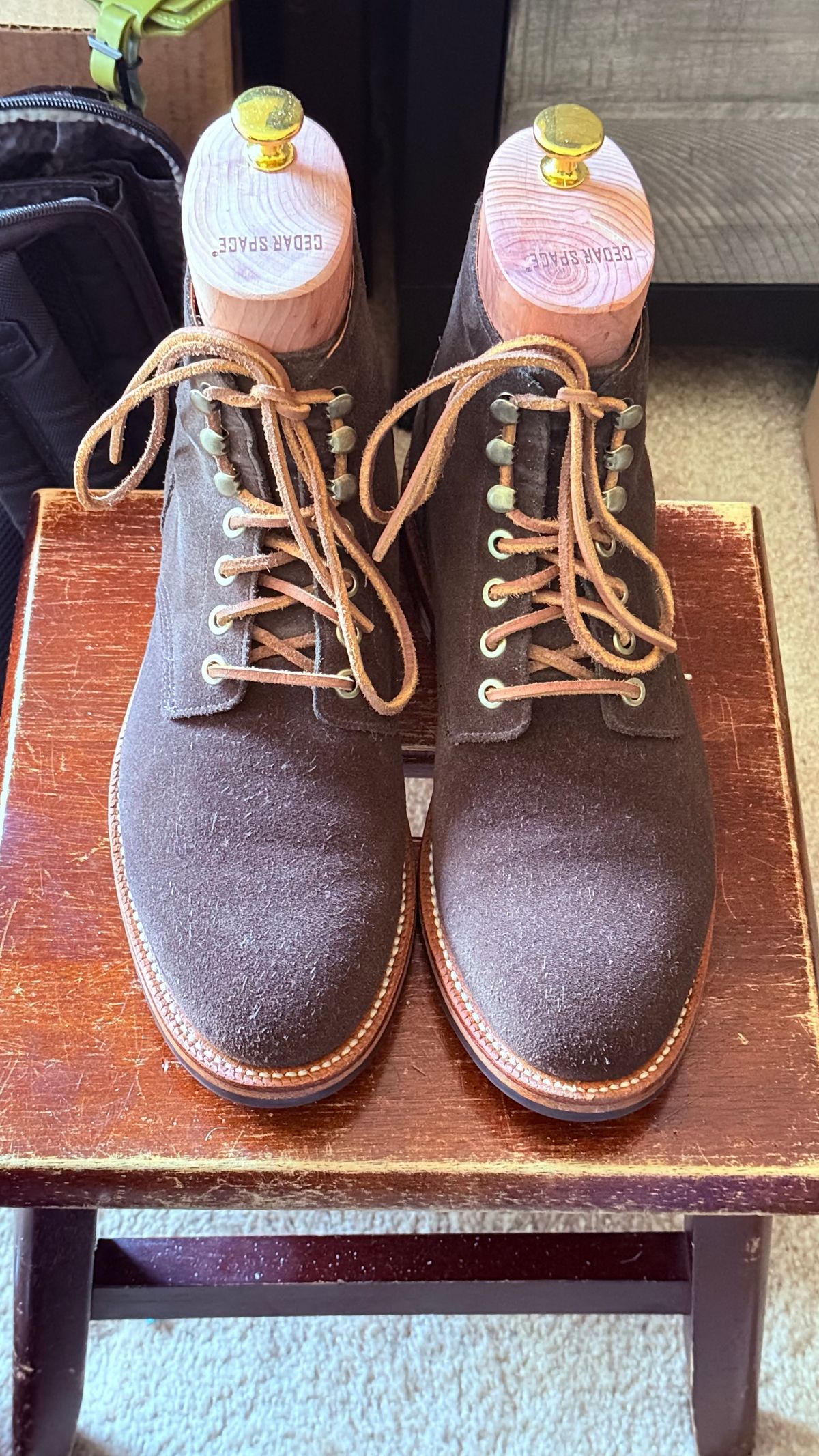 Photo by boots_4_me on October 12, 2024 of the Grant Stone Diesel Boot in C.F. Stead Loden Janus Calf Suede.