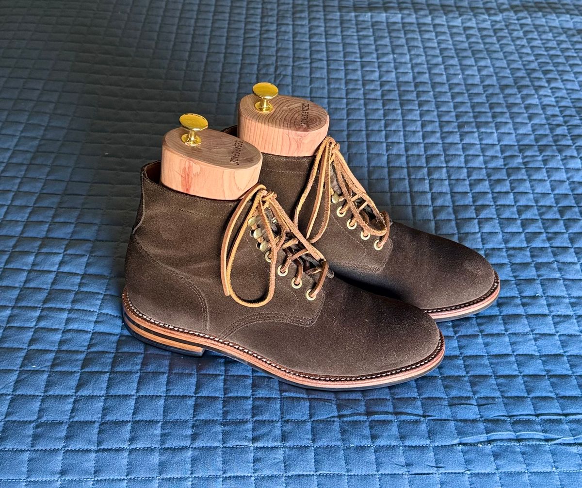 Photo by boots_4_me on October 25, 2024 of the Grant Stone Diesel Boot in C.F. Stead Loden Janus Calf Suede.