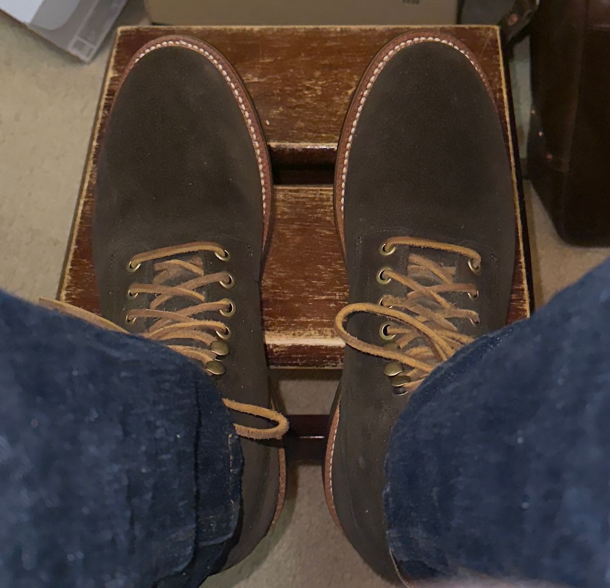 Photo by boots_4_me on February 15, 2026 of the Grant Stone Diesel Boot in C.F. Stead Loden Janus Calf Suede.