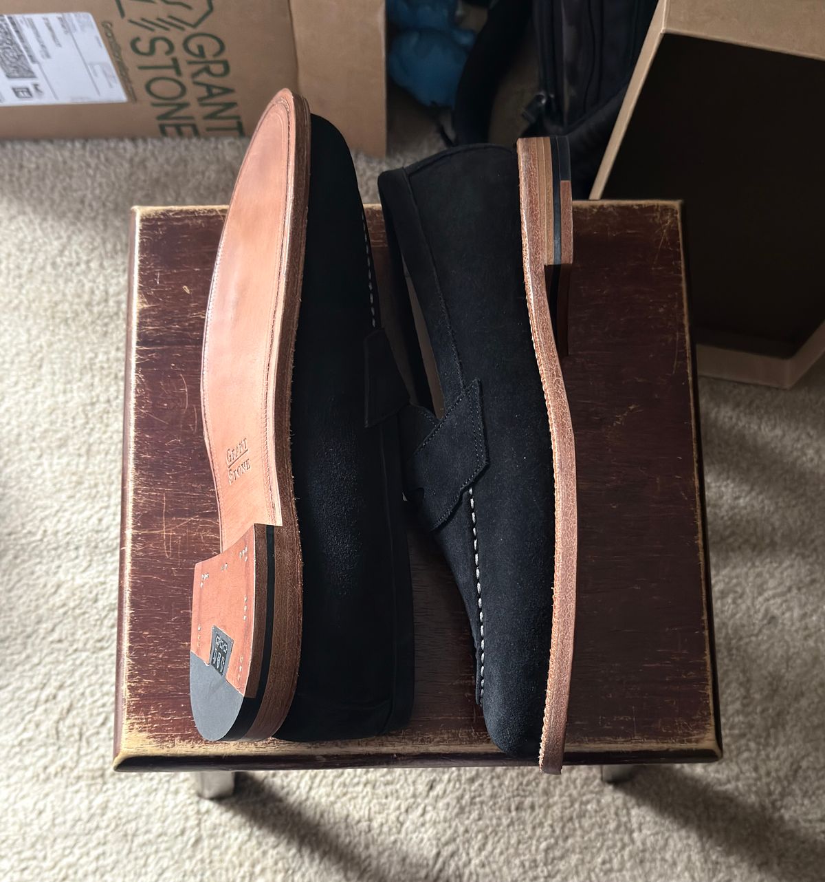 Photo by boots_4_me on September 10, 2025 of the Grant Stone Travelers in C.F. Stead Black Janus Calf Suede.