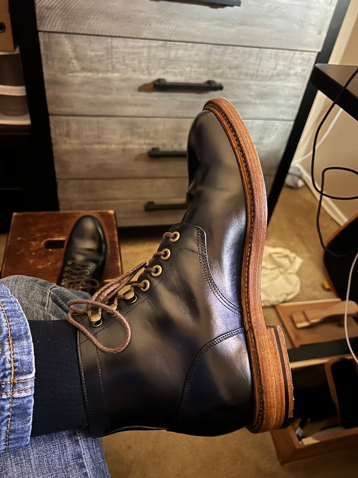 Photo by boots_4_me on July 18, 2023 of the Grant Stone Diesel Boot in Horween Black Chromexcel.