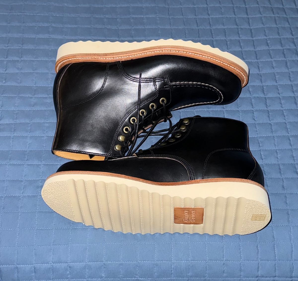 Photo by boots_4_me on November 21, 2024 of the Grant Stone Brass Boot in Horween Black Chromexcel.