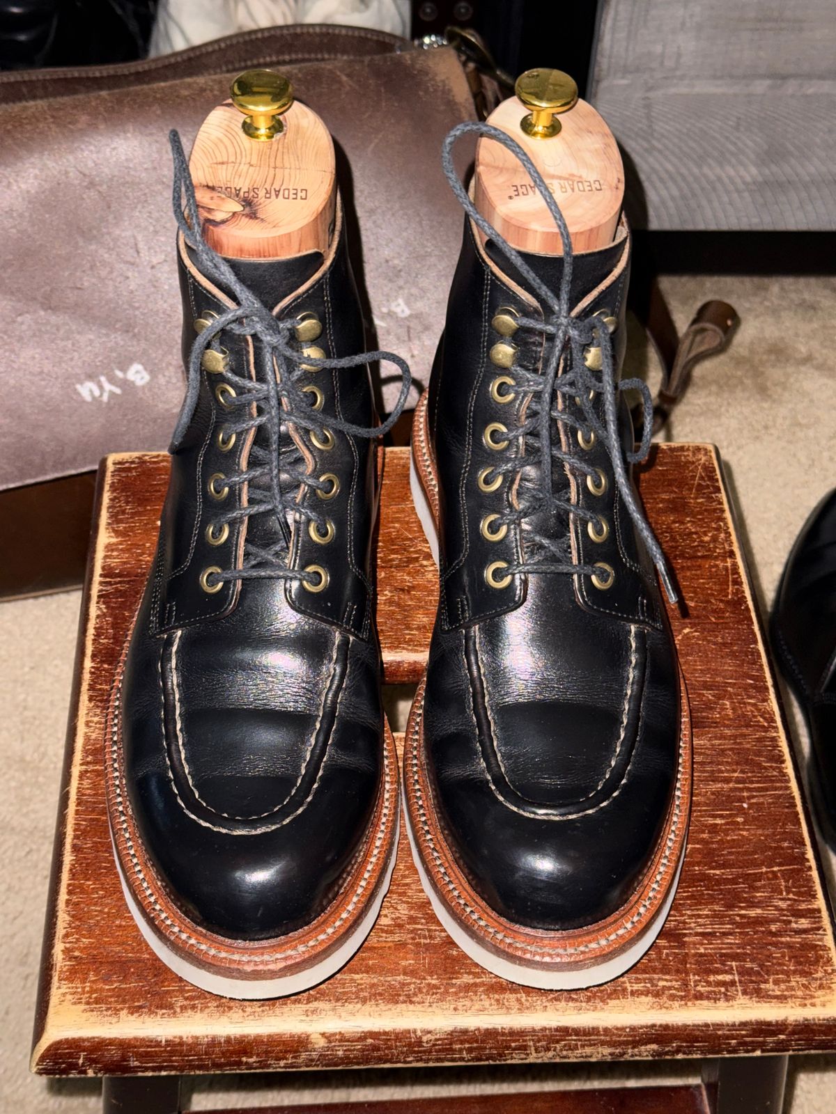 Photo by HeritageWearingPatriot on June 8, 2026 of the Grant Stone Brass Boot in Horween Black Chromexcel.