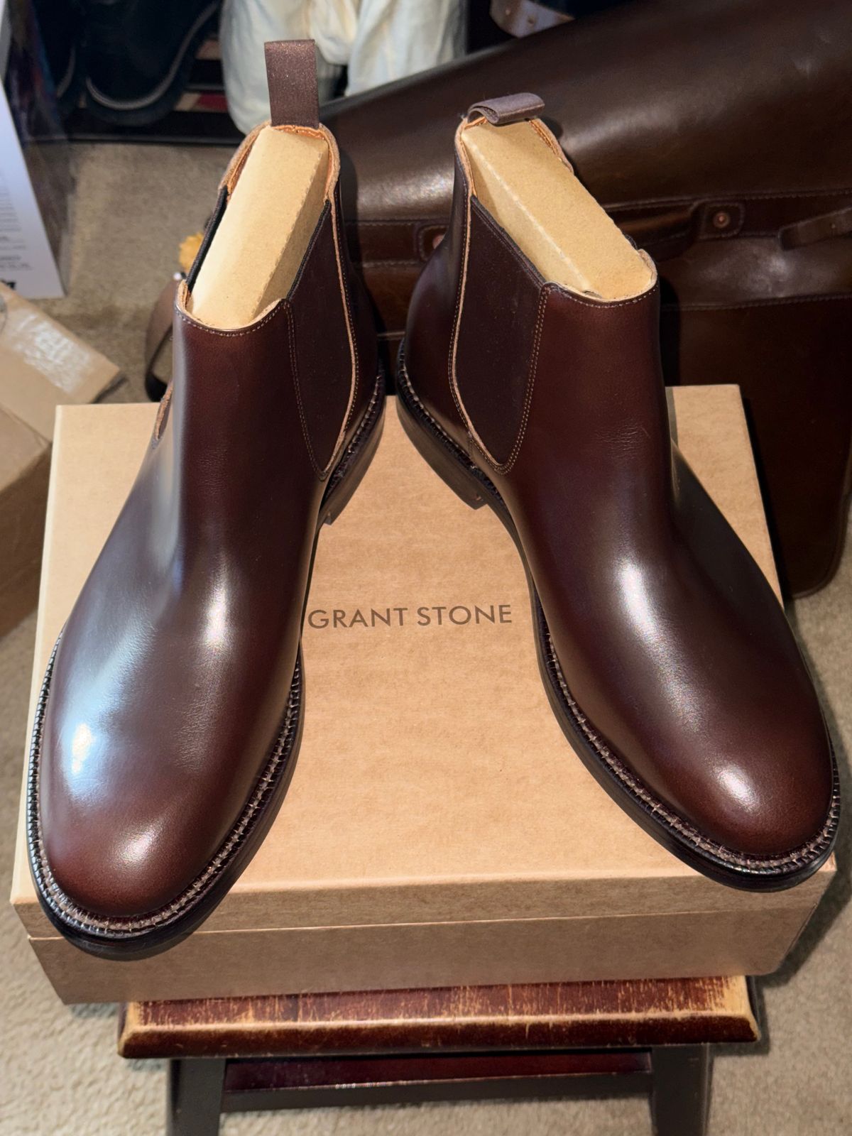 Photo by HeritageWearingPatriot on June 11, 2026 of the Grant Stone Chelsea Boot in Horween Crimson Chromexcel.