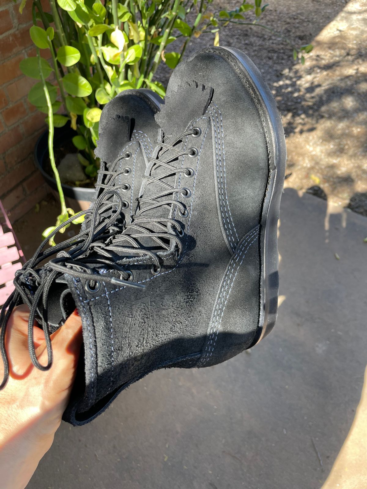 Photo by shakincheese on November 2, 2025 of the Wesco /x The Shop Black DH Service Boot in Seidel Black Oil Tan Roughout.
