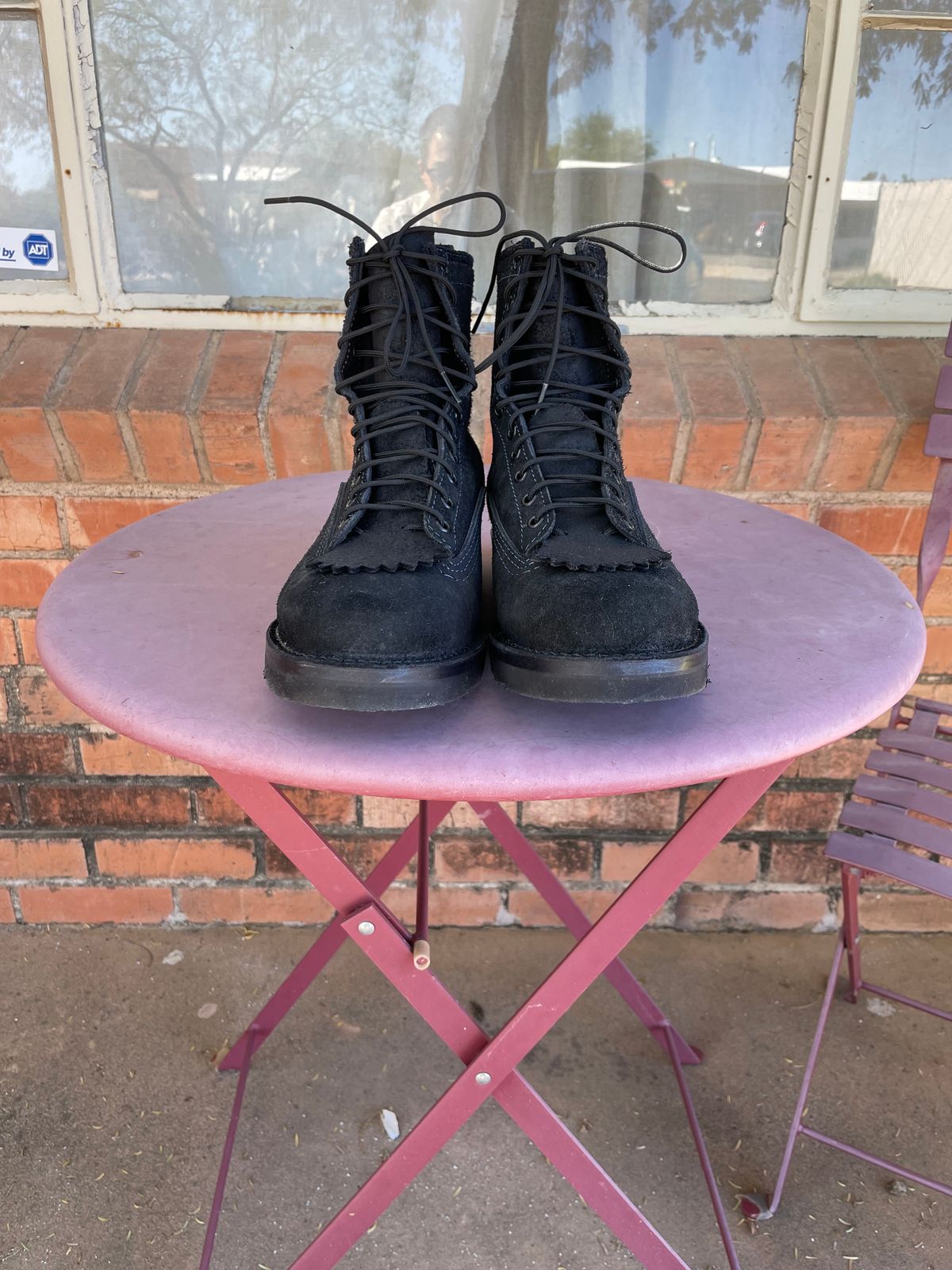 Photo by shakincheese on November 2, 2025 of the Wesco /x The Shop Black DH Service Boot in Seidel Black Oil Tan Roughout.