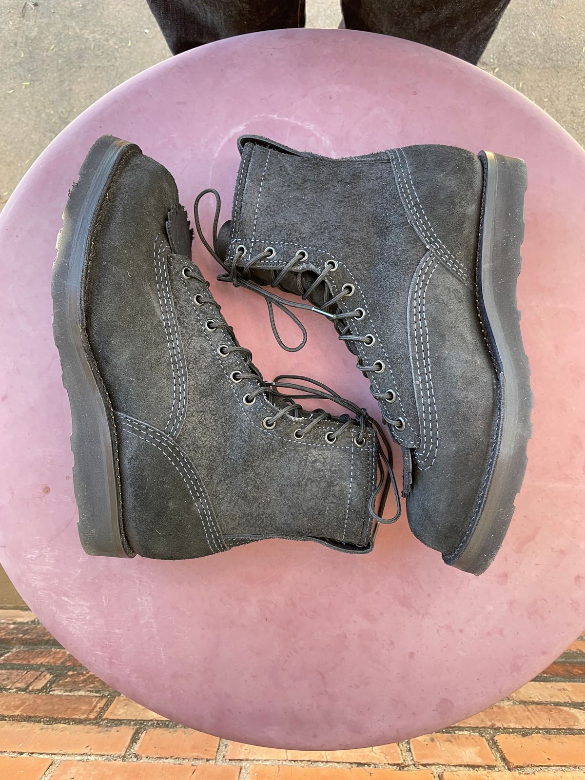 Photo by shakincheese on November 2, 2025 of the Wesco /x The Shop Black DH Service Boot in Seidel Black Oil Tan Roughout.